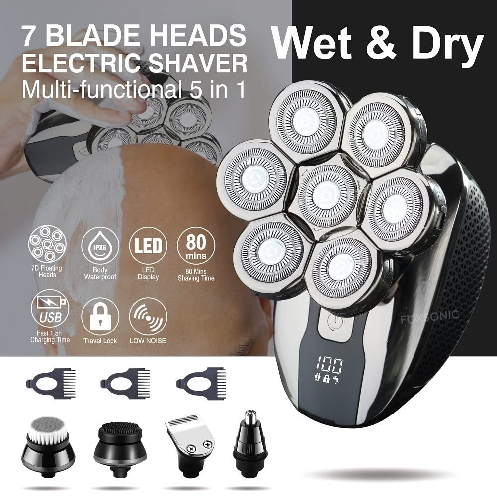 5-in-1 Electric Razor for Men - Waterproof Wet/Dry Shaver with 7D Floating Heads & Hair Clipper | Perfect for Travel, Home Use & Gift Giving