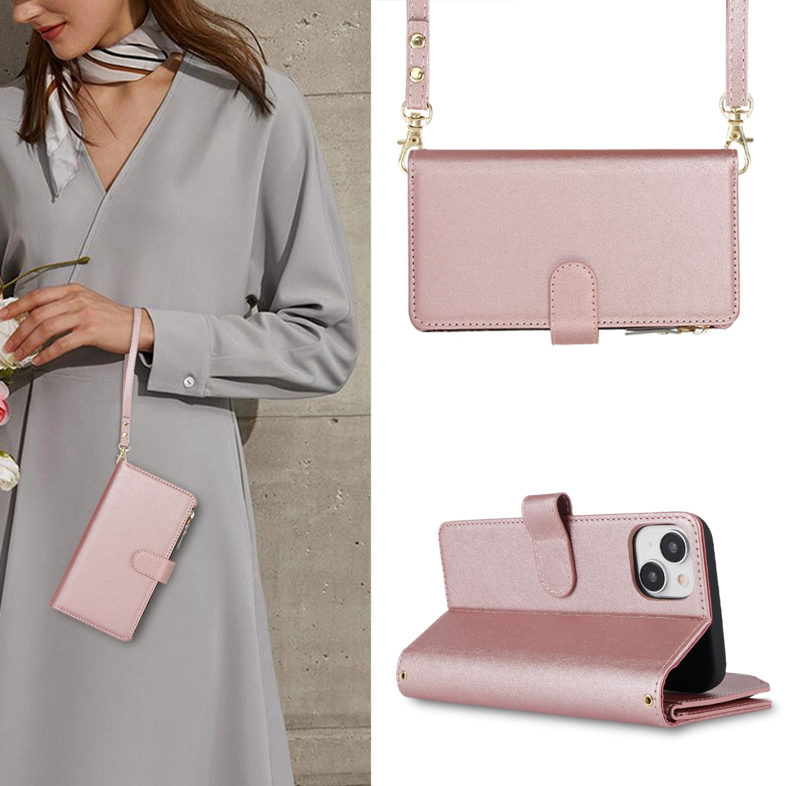 Jaorty Crossbody Phone Case for iPhone 15 with Strap Lanyard - Leather Wallet Case with Card Holder & Zipper Pocket - Magnetic Flip Cover for Women (6.1