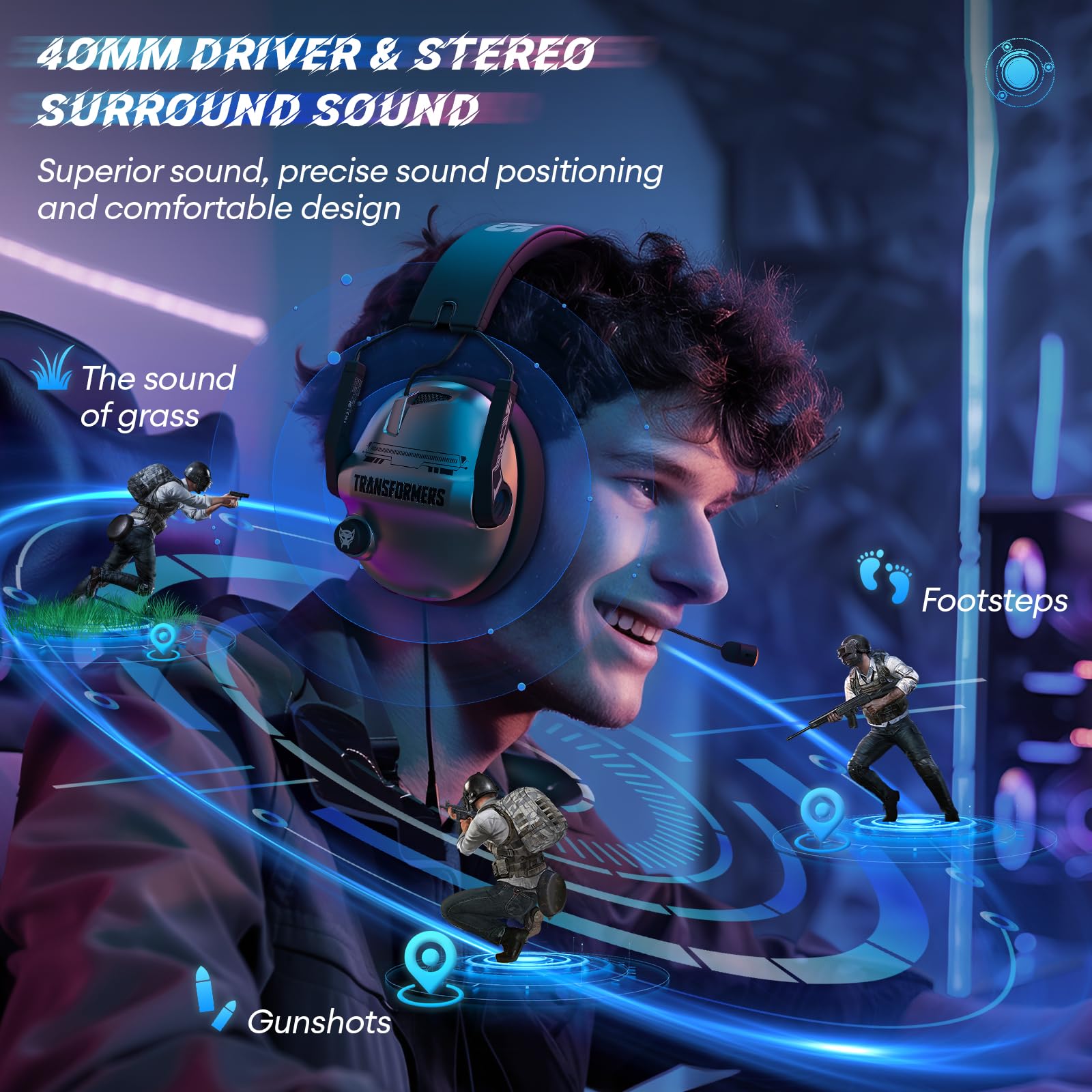 Transformers TF-G03 Wireless Gaming Headset with Retractable Mic - Bluetooth 5.4 Headphones with 40mm Drivers & Surround Sound, 100H Playtime for PC, PS4, PS5, Xbox, Switch (Grey) - Perfect for Competitive Gaming & Immersive Entertainment