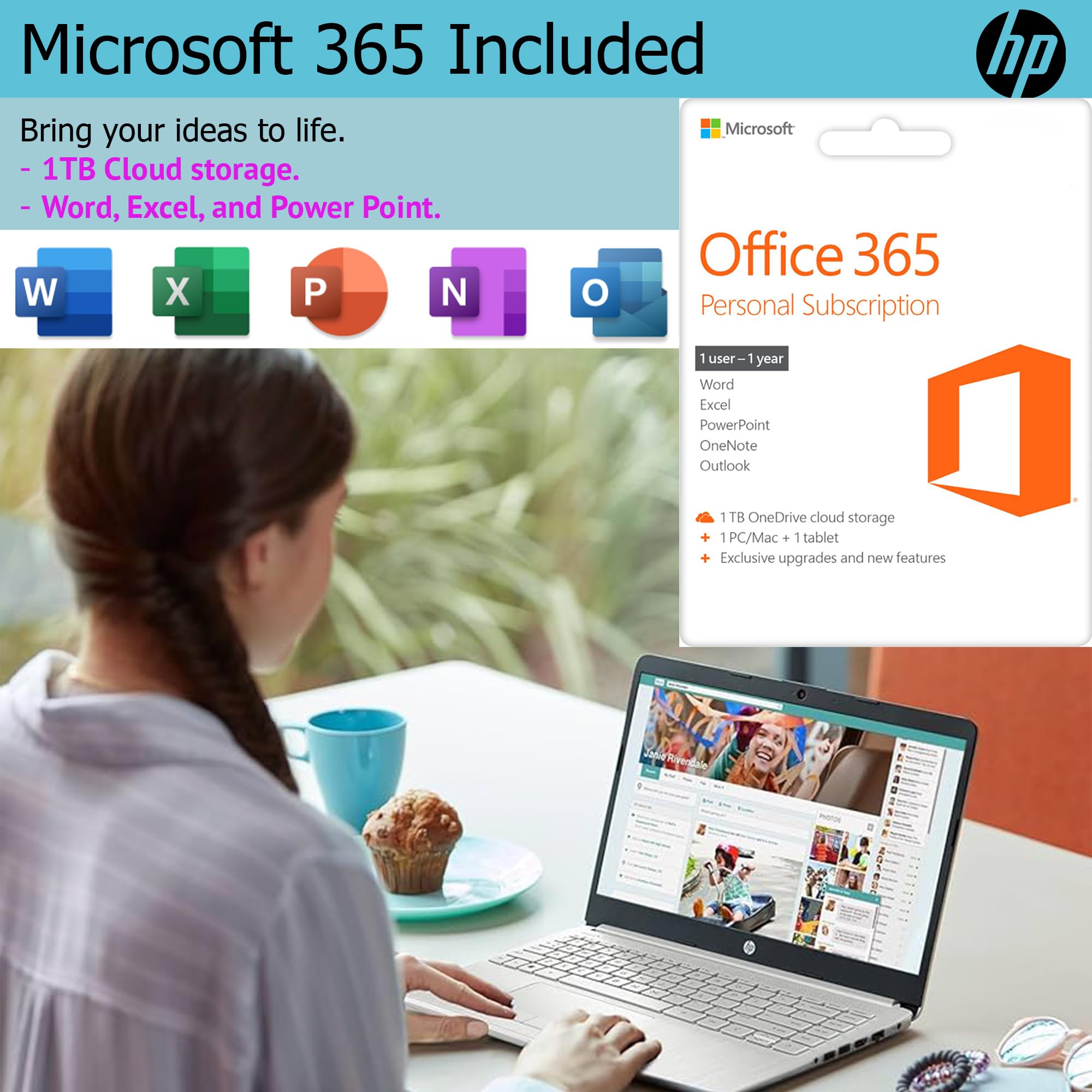 HP Ultralight 14-inch Laptop - Intel 4-Core Processor, 16GB RAM, 128GB SSD + 1TB Cloud Storage, HD Display, Windows 11 (Silver) - Includes Microsoft 365 & Wireless Earbuds - Perfect for Remote Work, Online Classes & Business Travel