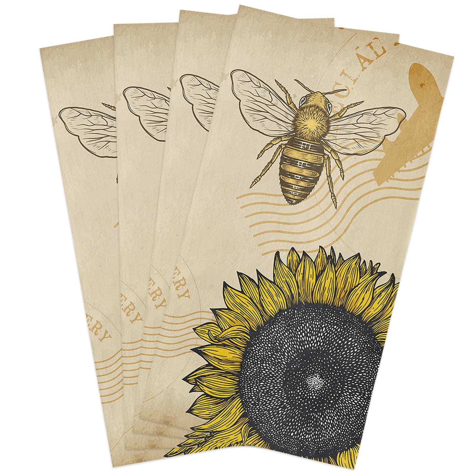 Vintage Sunflower Bee Cotton Kitchen Towels Set of 4 - 16x28 Inches Soft Absorbent Dish Cloths, Tea Towels & Hand Towels for Kitchen, Bar, Dining & Home Decor | Farmhouse & Rustic Style