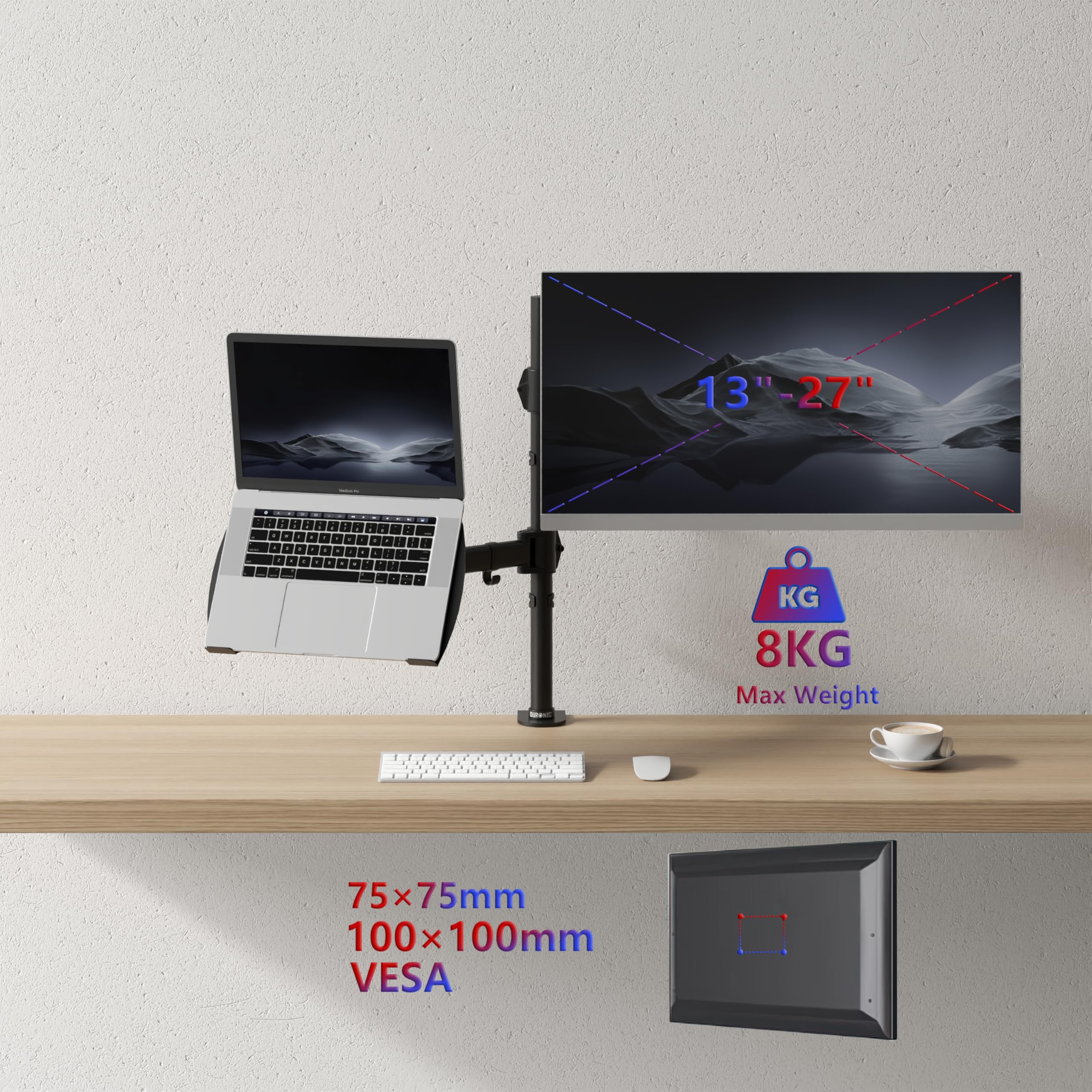 Duronic DM25L1X1 Single Monitor Stand - Adjustable Dual Arm Desk Mount for 13-27 inch LCD/LED Screens, Laptops & TVs | VESA 75/100 Compatible | 360° Rotation, 180° Swivel, -90° to +35° Tilt | Perfect for Home Office, Gaming & Workspace Setup