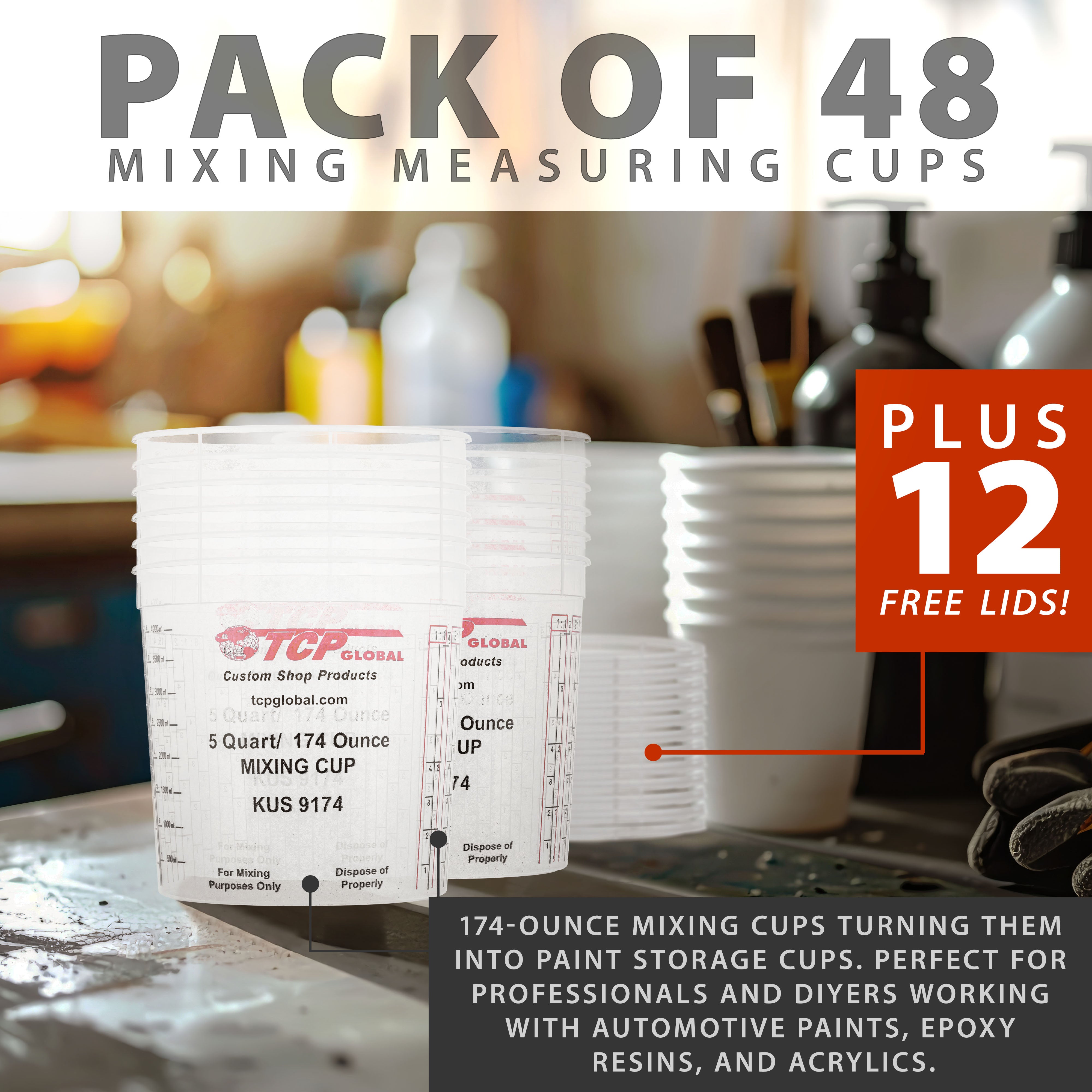 5 Quart Paint Mixing Cups (48 Pack) - Plastic Measuring Cups for Liquids, Automotive Painting, Epoxy Resin, Acrylic Arts & Crafts - Disposable or Reusable Graduated Mixing Cups with Ratio Markings - Perfect for DIY Projects, Home Renovation & Professional Auto Body Work