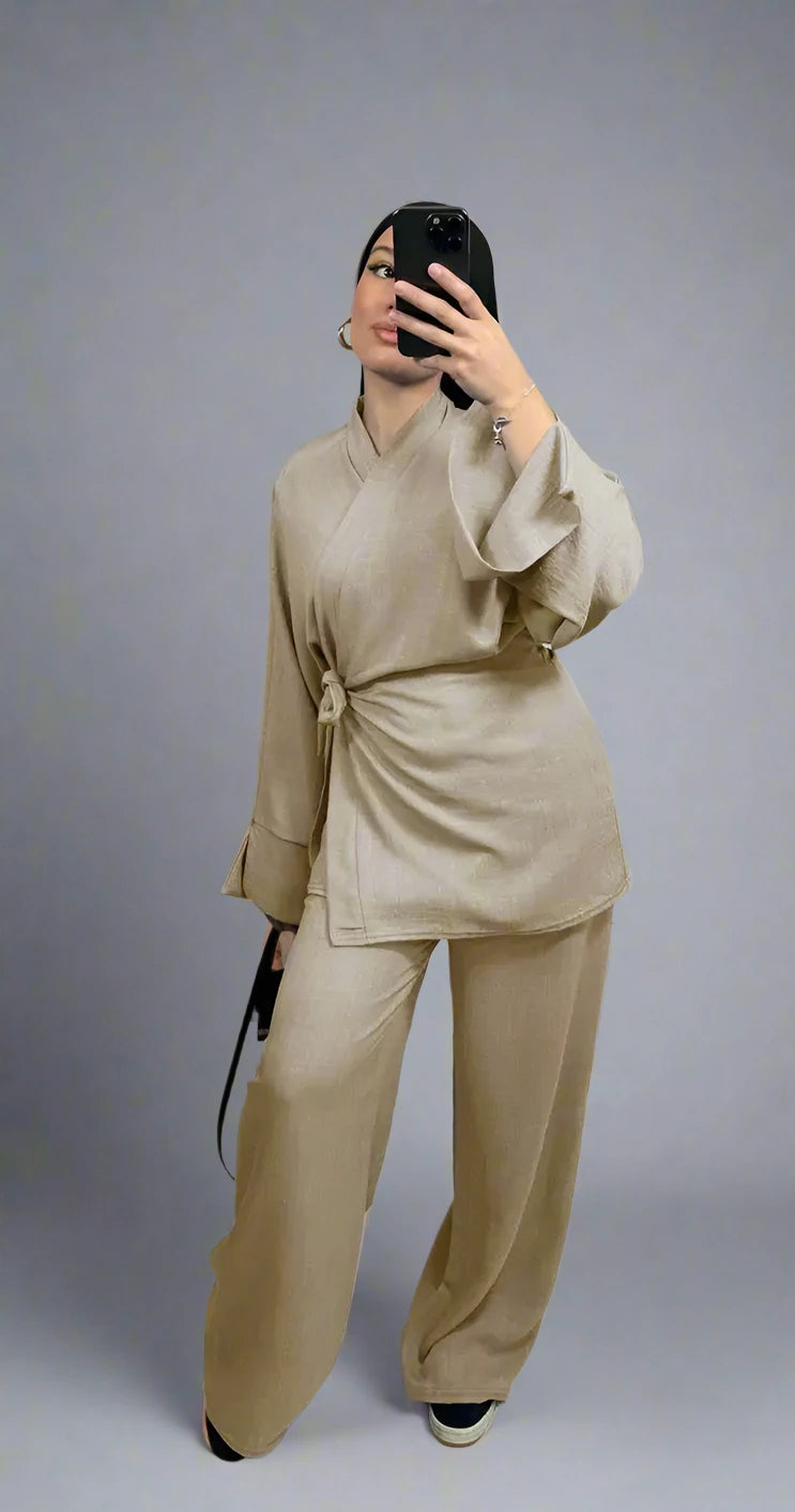2-Piece Wrinkle-Free Lace-Up Top & Pant Suit for Muslim Women - Modest Office Wear & Special Occasion Outfit