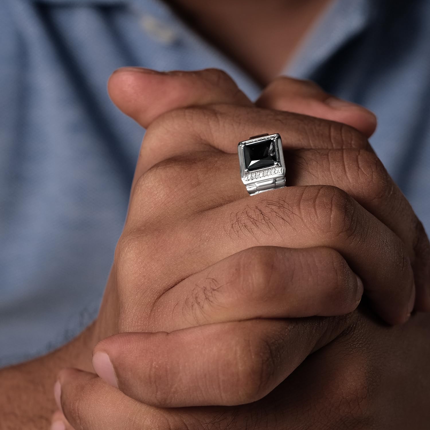 1/20 ct Natural Diamond & Gemstone Men's Ring - 925 Sterling Silver with Garnet, Onyx & Blue Topaz | Textured Jewelry Gift for Him | Perfect for Weddings, Anniversaries & Special Occasions