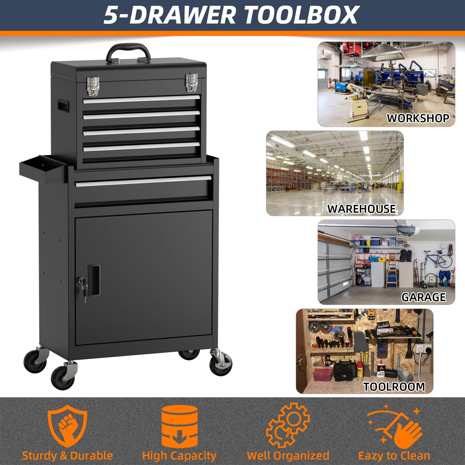 Heavy-Duty Rolling Tool Chest with 10 Drawers & Lockable Wheels - Portable Tool Storage Cabinet for Mechanics, Garage & Workshop - Perfect for Automotive Repair, DIY Projects & Home Organization (Black)