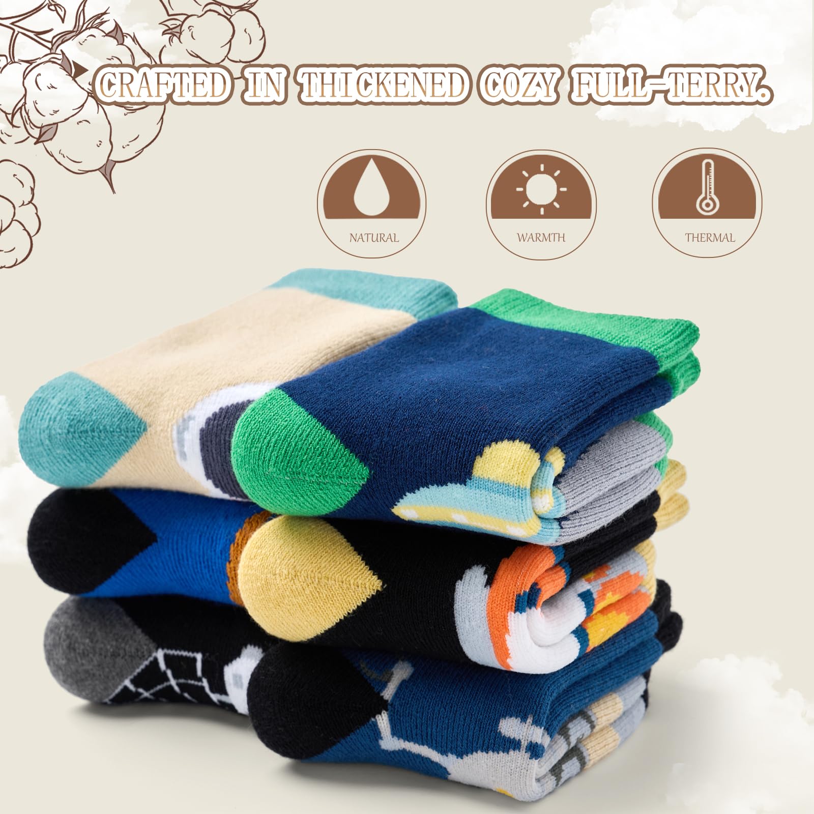 Boys Winter Socks 6 Pack - Warm Thermal Crew Socks for Kids Outdoor Activities