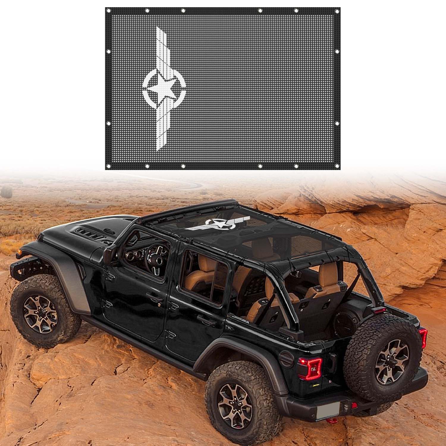 Jeep JLU Sunshade Mesh Top Cover - UV Protection Shade for Jeep Wrangler JLU 2018+ & Gladiator JT 2020+ | Bikini Top Black Star Wings (4-Door) | Perfect for Off-Roading, Beach Trips & Summer Adventures