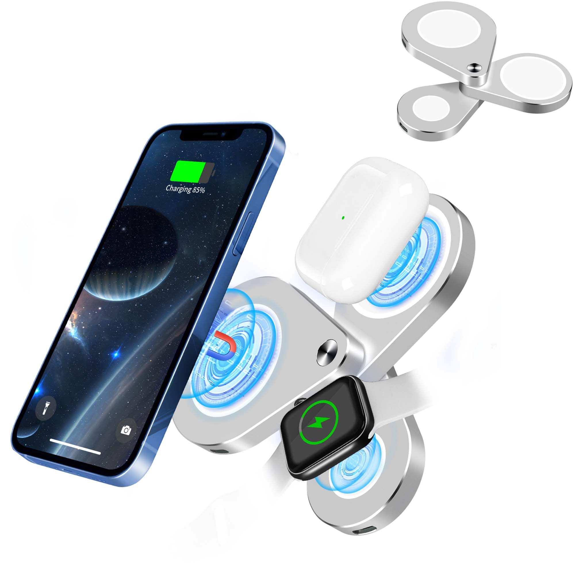 3 in 1 Detachable Magnetic Wireless Charger Stand - 15W Fast Charging Station for iPhone 13/12/11, Apple Watch SE/6/5/4/3/2 & AirPods Pro/2 (Silver) | Foldable Design for Nightstand, Office & Travel Use