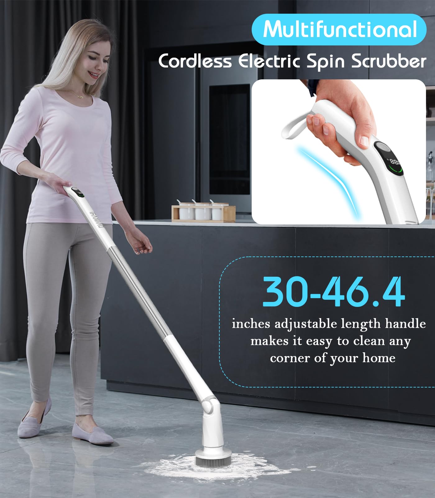 ZUAIAI Cordless Electric Spin Scrubber - 6 Replaceable Brush Heads with LED Display & 2 Speed Settings for Bathroom, Kitchen, Tile, Shower Cleaning - Perfect for Deep Cleaning Grout, Tubs, Floors and Hard-to-Reach Areas