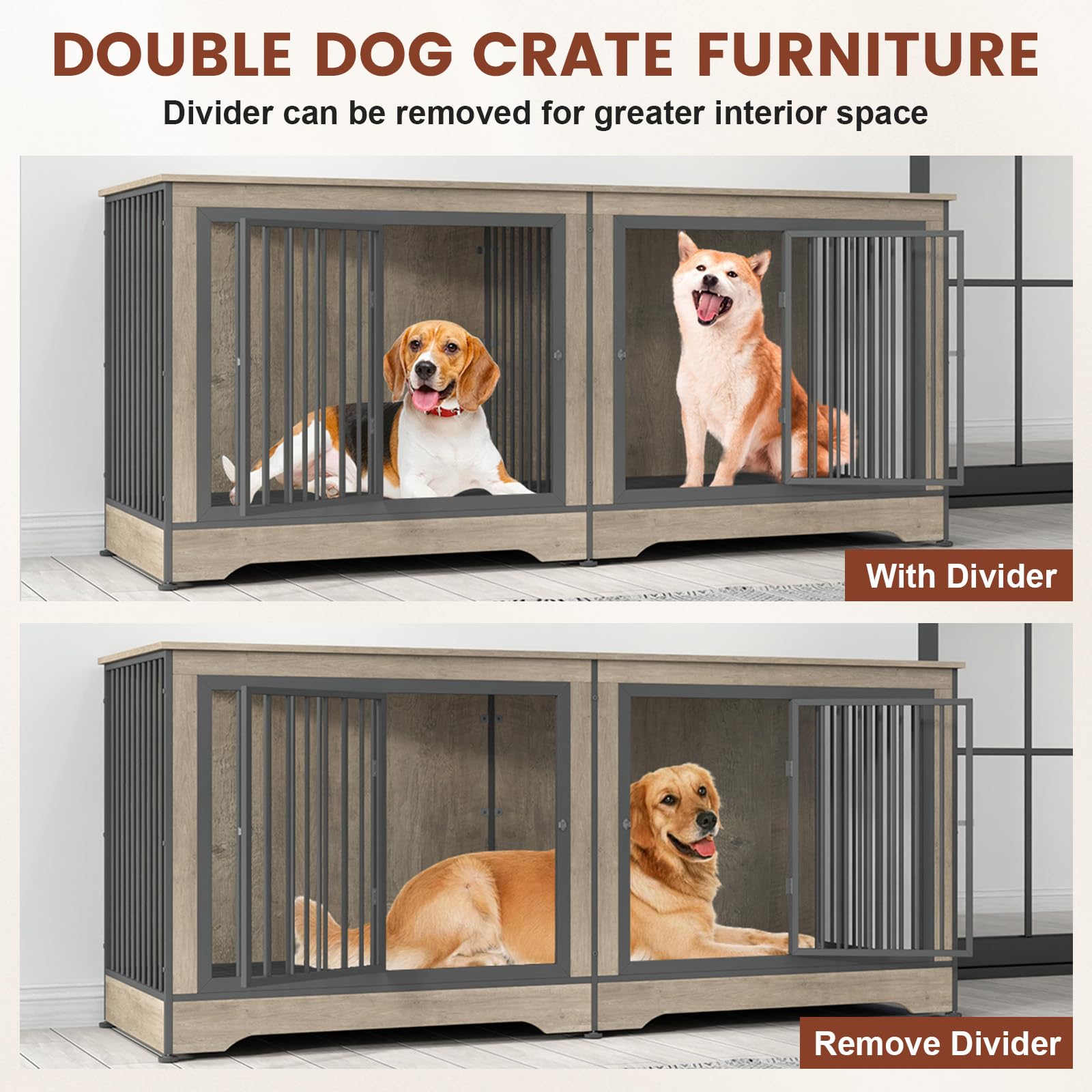75 Inch Double Dog Crate Furniture for 2 Large Dogs with Removable Trays - 3-in-1 Grey Large Dog Kennel with Divider, TV Stand & Pet House - Perfect for Living Room, Bedroom or Home Office