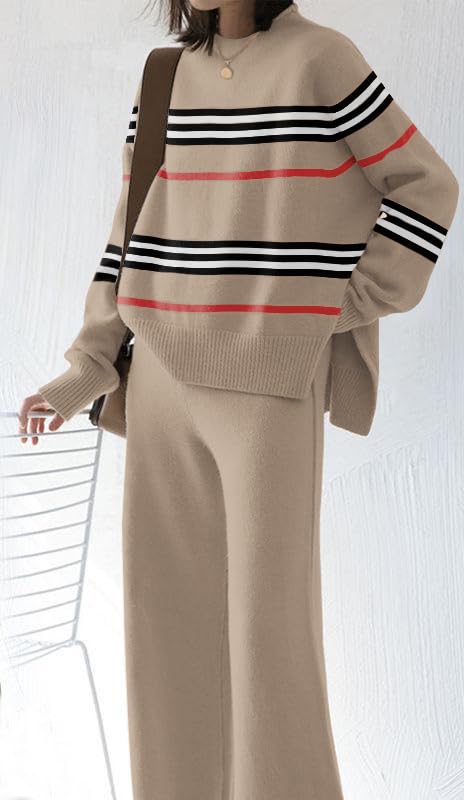 ETCYY Women's Elegant Knit Lounge Set - 2 Piece Sweatsuit with Cozy Sweater Top & Wide Leg Sweatpants | Soft Comfort Outfit for Home, Yoga, Travel & Casual Wear