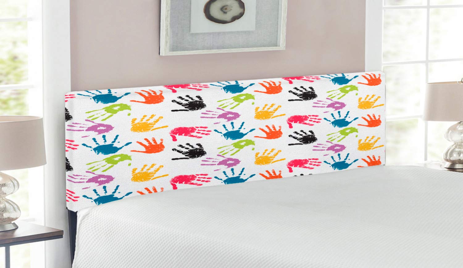 Ambesonne Cartoon Headboard - Colorful Teamwork Painting & Fun Games Illustration - Upholstered Decorative Metal Bed Headboard with Memory Foam - Queen Size in Yellow, Teal & Red - Perfect for Kids' Rooms, Game Rooms & Fun Bedroom Decor