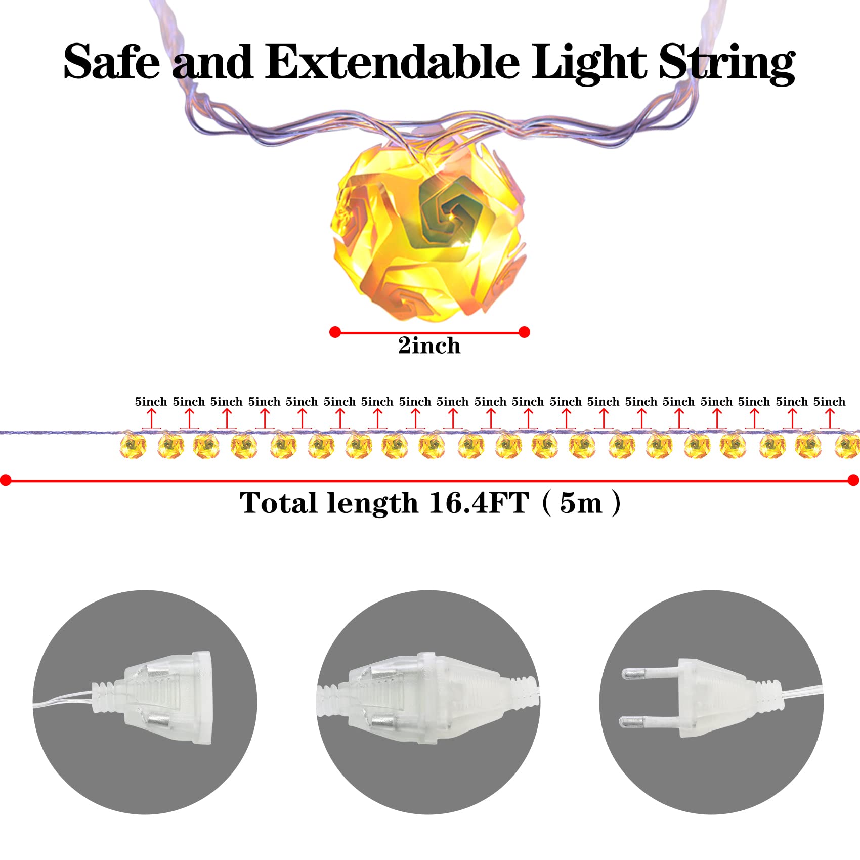 16ft 20 LED 3D Rose Ball Globe String Lights - Warm White Outdoor Christmas Decorations for Patio, Wedding, Garden & Party | Waterproof & Extendable Fairy Lights for Holiday & Home Decor