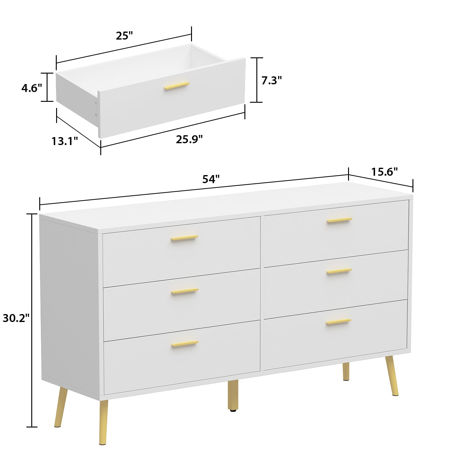 Homsee 6-Drawer Double Dresser - White Wooden Storage Chest with Gold Metal Legs, 54