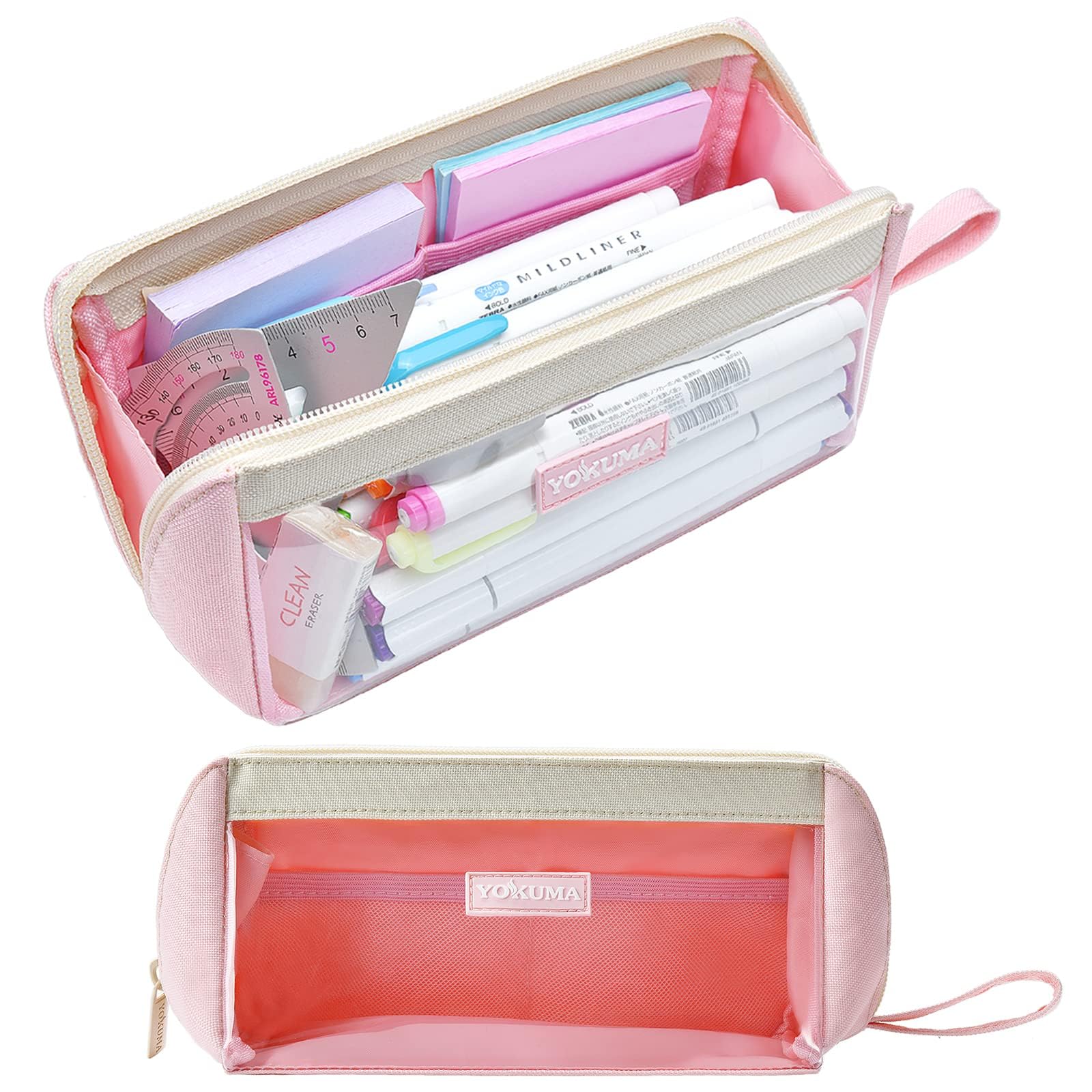 YOKUMA Clear Aesthetic Pencil Case for Girls - Cute Kawaii Pen Organizer with Large Capacity for School, College & Office - Perfect for Teens, Students & Adults - Small Makeup Bag & Back to School Supplies (Pink) | Great for Organizing Stationery, Cosmetics & Daily Essentials