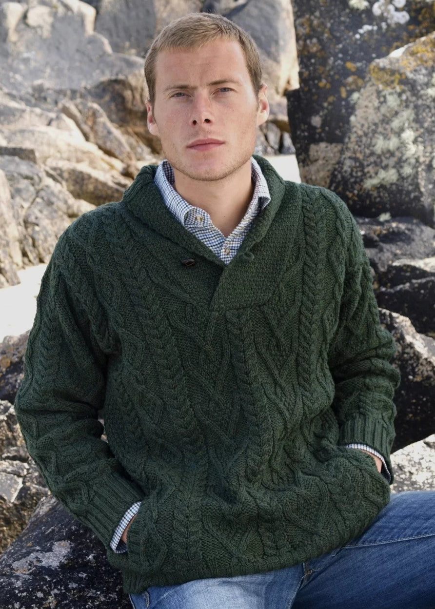 Authentic Dublin Shawl Collar Aran Sweater for Men & Women | Soft Wool Knitwear in Emerald Green | Perfect for Winter Fashion & Irish-Themed Outfits