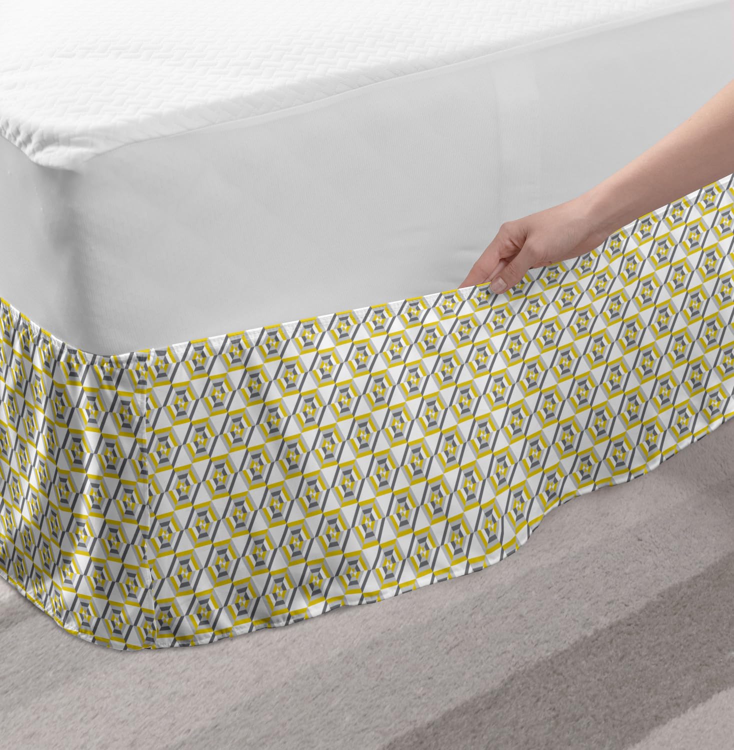 Ambesonne Hexagon Bedskirt King Size - Yellow & Gray Modern Bedroom Decor for Luxury Home Styling