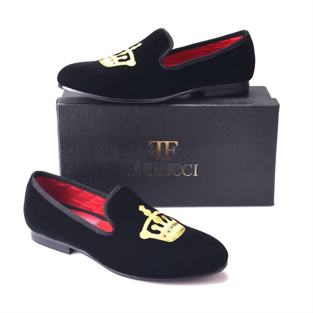 FERUCCI Handmade Men's Black Velvet Slippers - Comfortable Loafers with Gold Crown Design | Perfect for Indoor Lounging, House Parties & Luxury Gifting