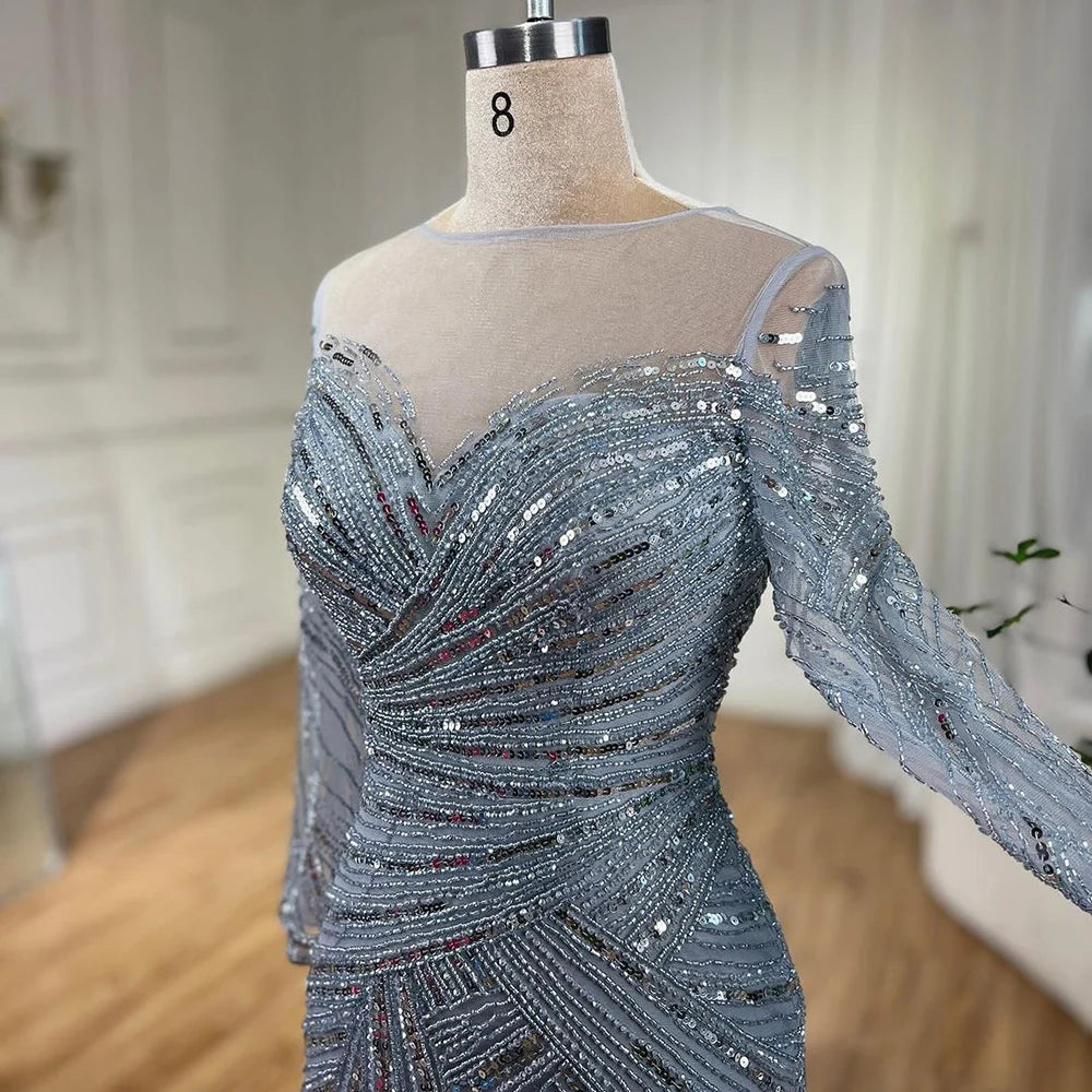 Luxury Gray Beaded Mermaid Evening Gown - Elegant Floor Length Muslim Party Dress for Women - Wedding, Prom, Gala & Special Occasions - Serene Hill Collection LA72295