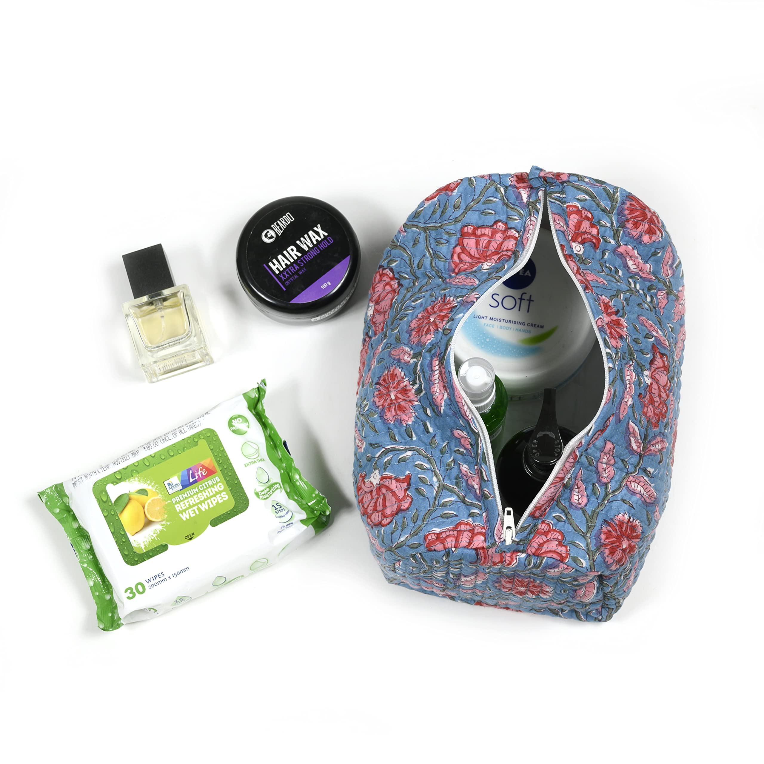 Block N Style Women's Toiletry Bag - Handblock Printed Cosmetic Makeup Organizer Pouch Kit (Blue) | Perfect for Travel, Gym & Daily Essentials Storage
