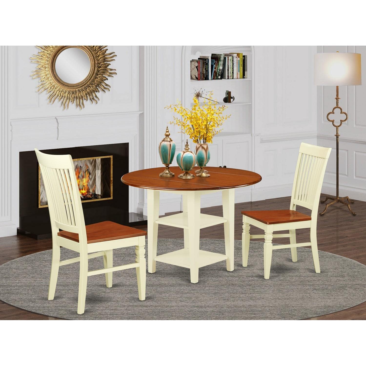 East West Furniture SUWE3-BMK-W 3-Piece Kitchen Table & Chairs Set - 42x42 Inch Round Dining Table with Drop Leaf, Storage Shelves & 2 Matching Chairs in Buttermilk & Cherry - Perfect for Small Spaces, Breakfast Nooks & Cozy Dining Areas