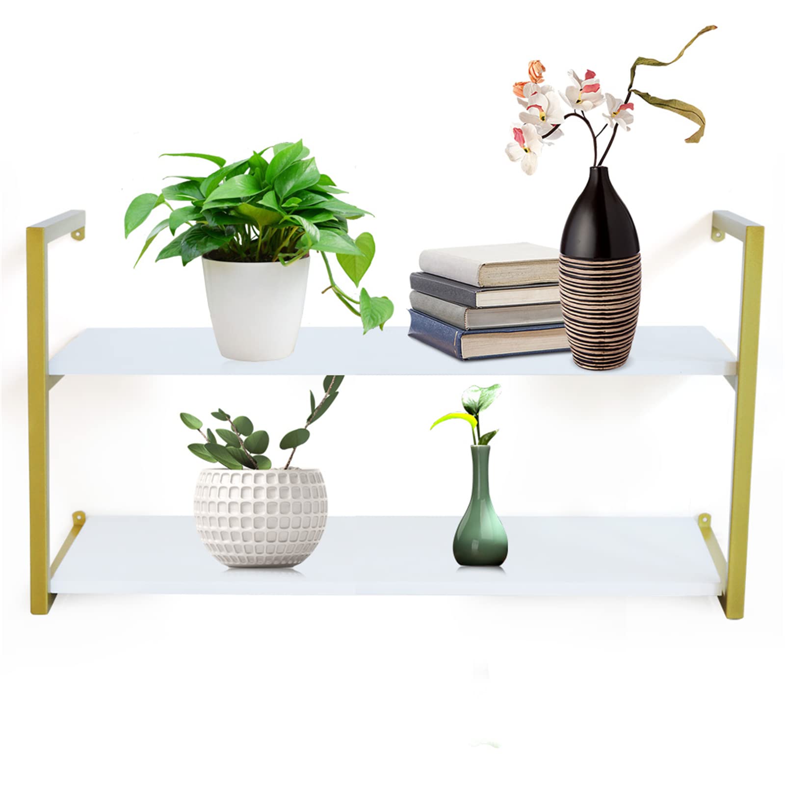 Eapmic 2-Tier 36 Inch Floating Wall Shelves - Rustic Wood Wall Mounted Storage Shelves with Metal Brackets for Living Room, Office, Bedroom - DIY Bookshelf Decor for Home & Office Organization (Gold)
