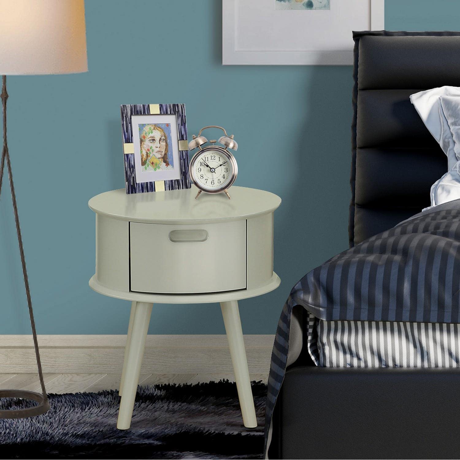 East West Furniture GONE14 Gordon Round Nightstand with Drawer - 1-Pack, Urban Gray Finish - Modern Bedside Table for Small Spaces, Bedroom, Living Room & Office