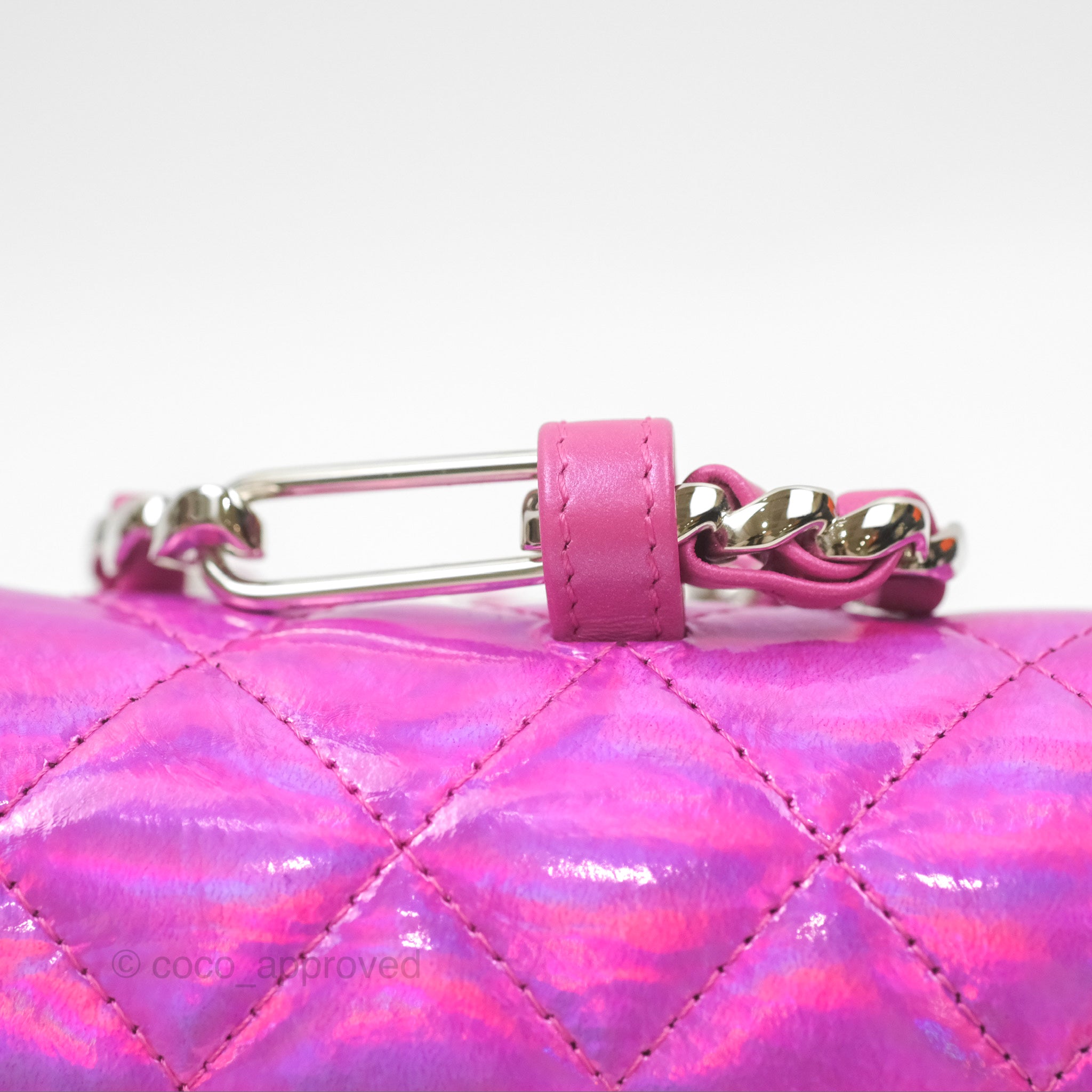 Chanel Fuchsia Iridescent Mirror Goatskin Card Holder with Hook - Luxury Wallet for Women, Perfect for Everyday Use & Travel Accessories