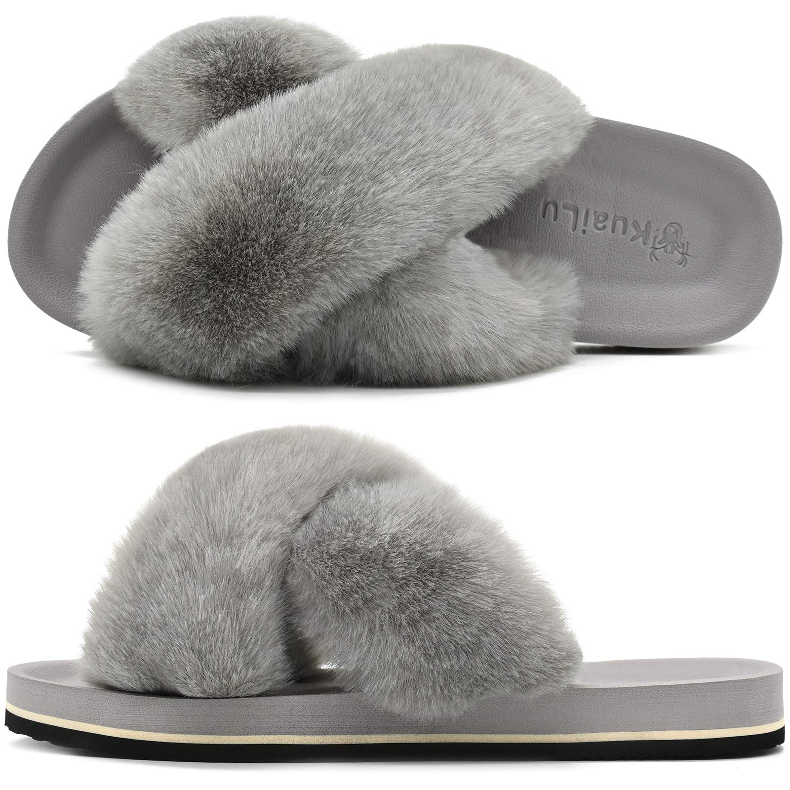 Women's Fuzzy Fur Cross Band Slides - Cozy Open Toe Slippers for Yoga, Home & Outdoor Wear - Soft Comfy House Sandals for Indoor/Outdoor Use - Perfect for Lounging, Meditation and Relaxation