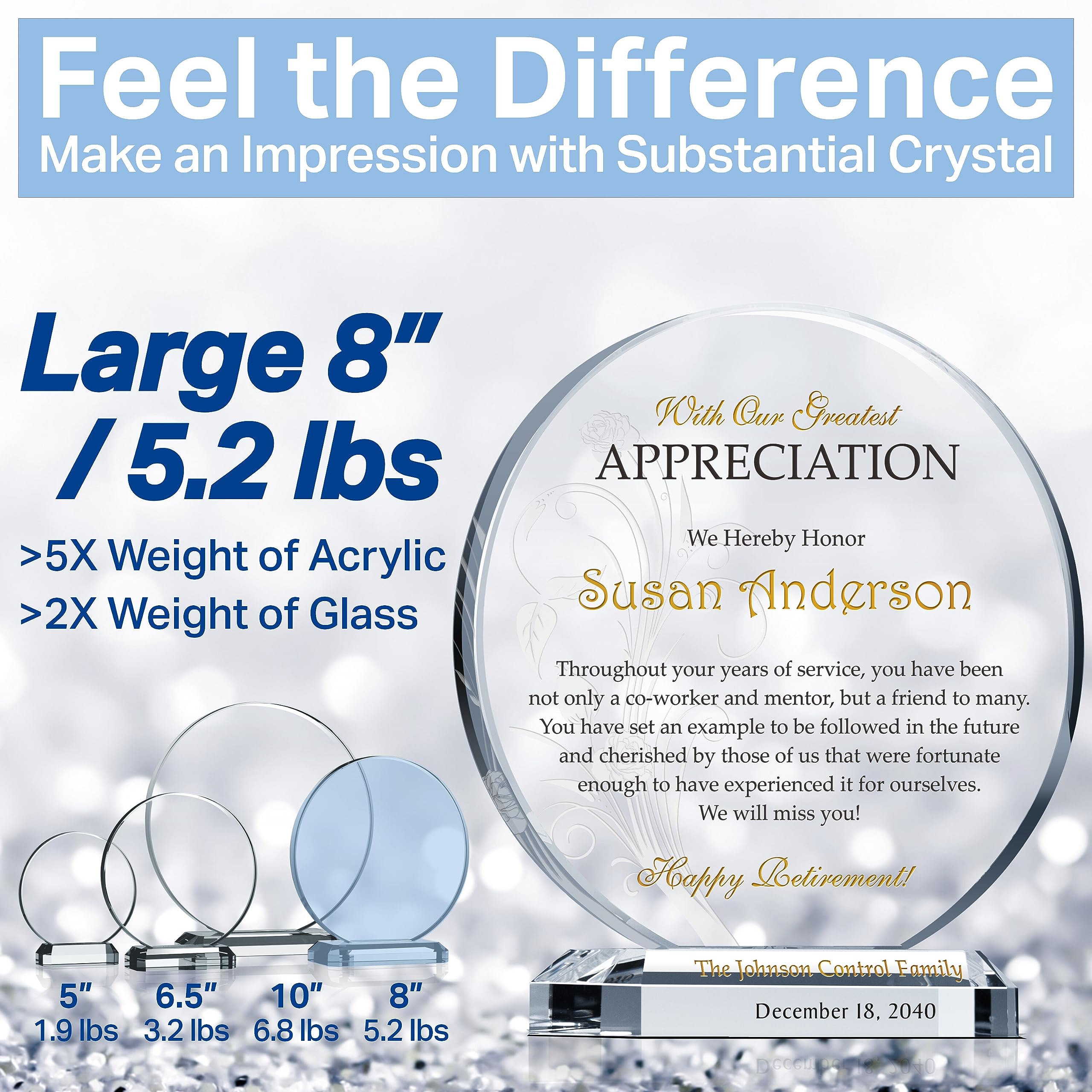 Custom Personalized Crystal Retirement Plaque for Women - Engraved with Name, Unique Circular Award for Retiree & Coworker (XL 10 Inch) - Perfect Office Retirement Gift, Desk Decor, or Appreciation Present