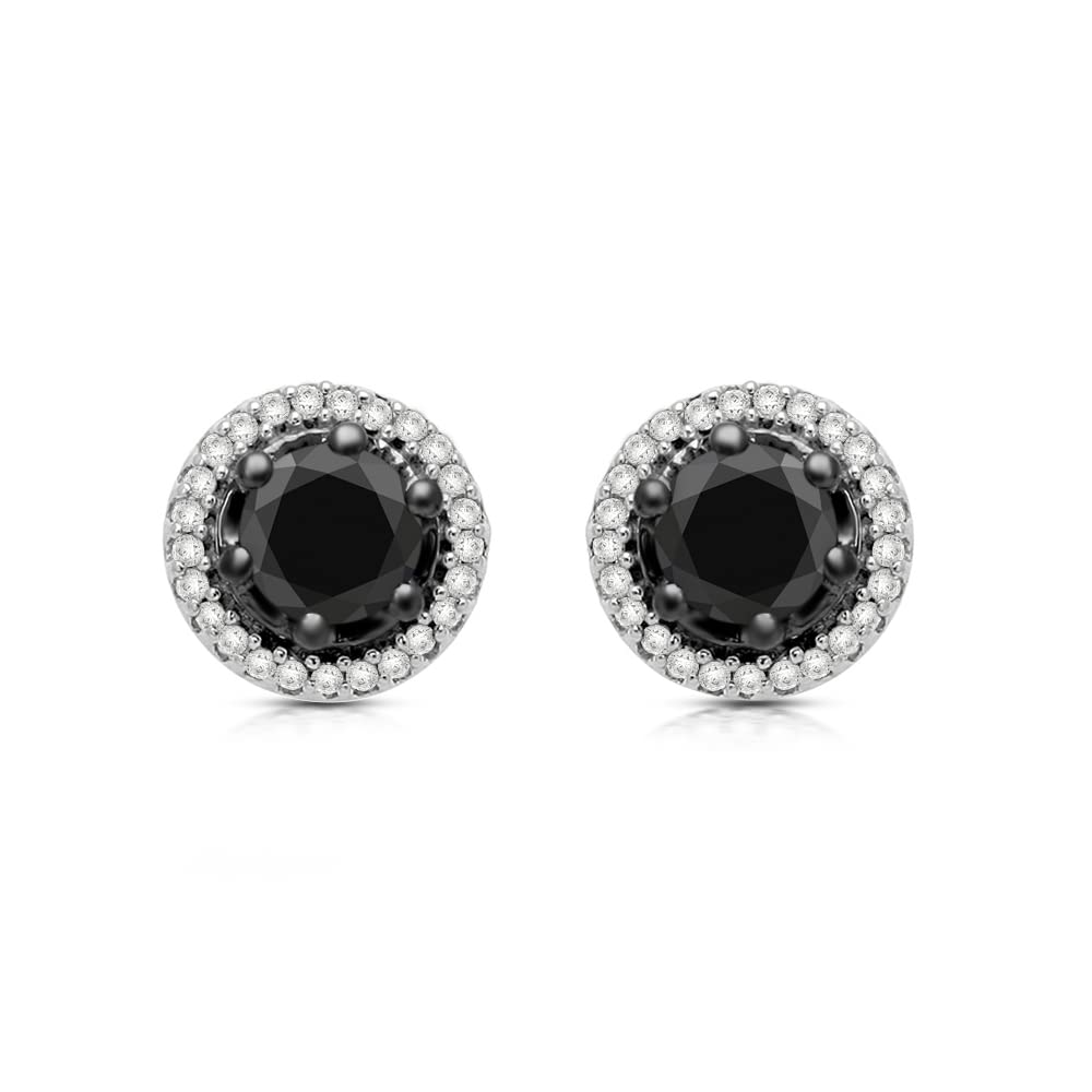 Jewelili 1 Cttw Sterling Silver Black & White Diamond Halo Stud Earrings for Women – Perfect for Weddings, Parties & Everyday Elegance