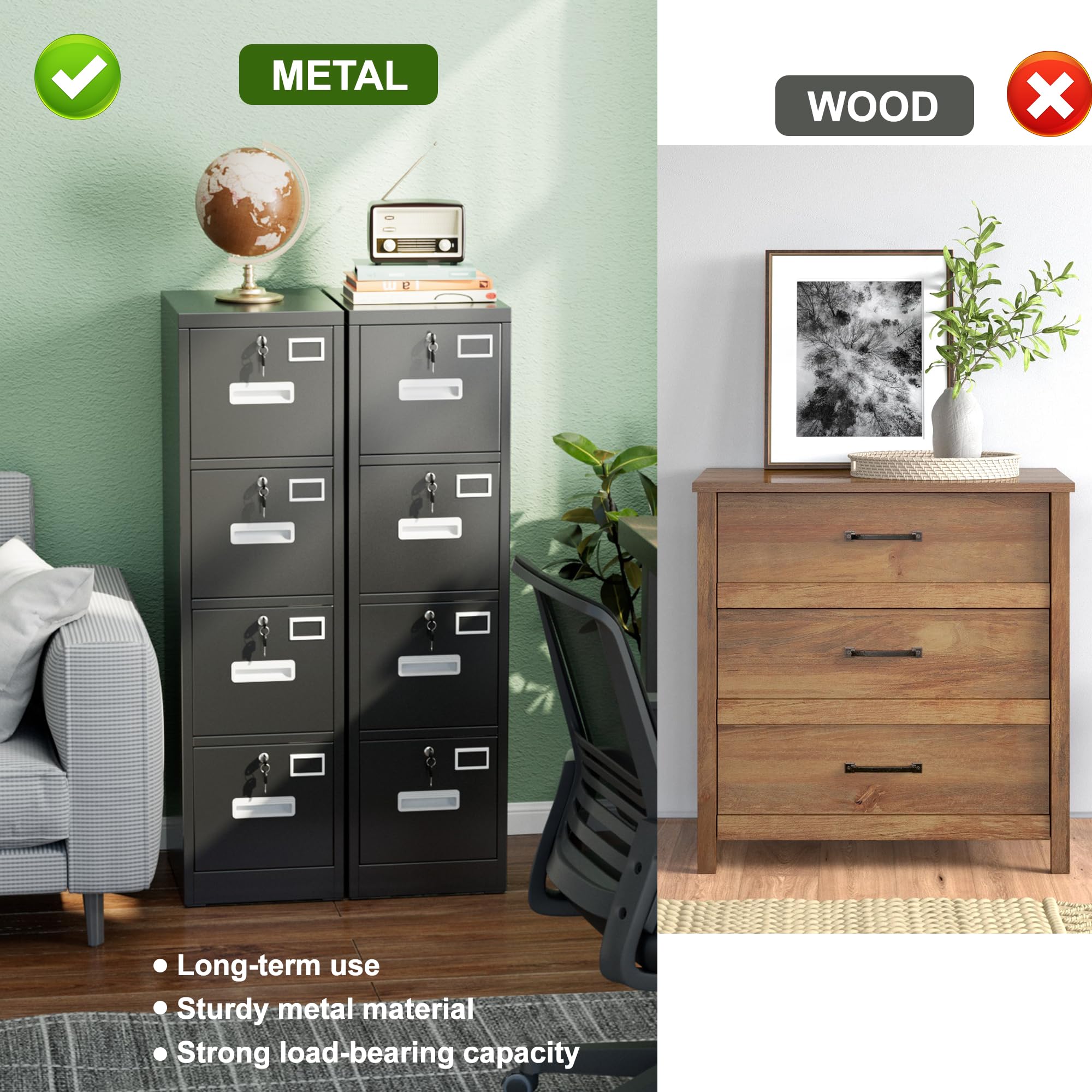 4-Drawer Metal Filing Cabinet with Lock - Vertical Letter/Legal Size File Organizer for Home Office - Easy Assembly Required - Perfect for Document Storage & Office Organization