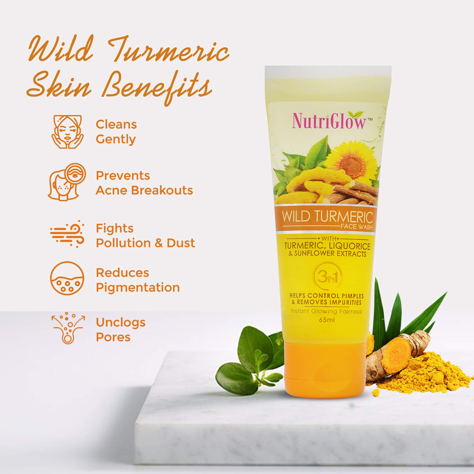NutriGlow Gold Kesar & Wild Turmeric Face Wash - Deep Cleansing for Acne-Free, Wrinkle Reduction & Glowing Skin (65ml x 2) - Perfect for Daily Skincare Routine & Travel