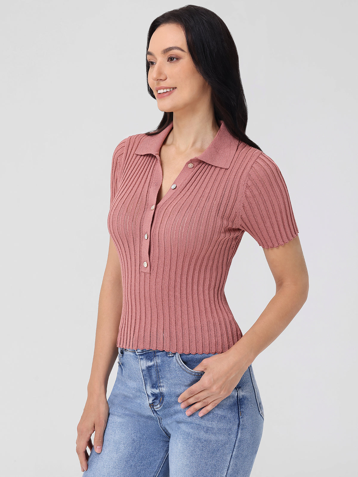 Maya Johnny Collar Ribbed Top for Women - Stylish Stretch Knit Shirt for Casual Wear & Layering | Perfect for Office, Date Night & Everyday Outfits