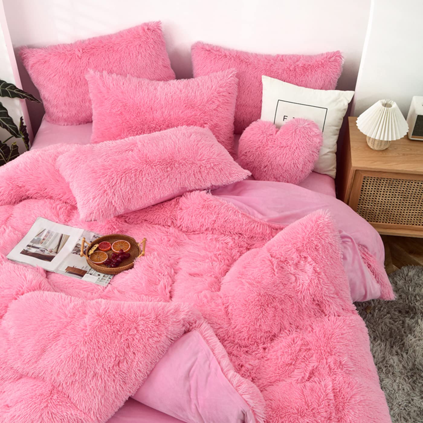 MorroMorn 5-Piece Shaggy Duvet Cover Set - Long Faux Fur Luxury Ultra Soft Bedding (Pink, Full/Queen Size) for Cozy Winter Nights & Stylish Bedroom Decor