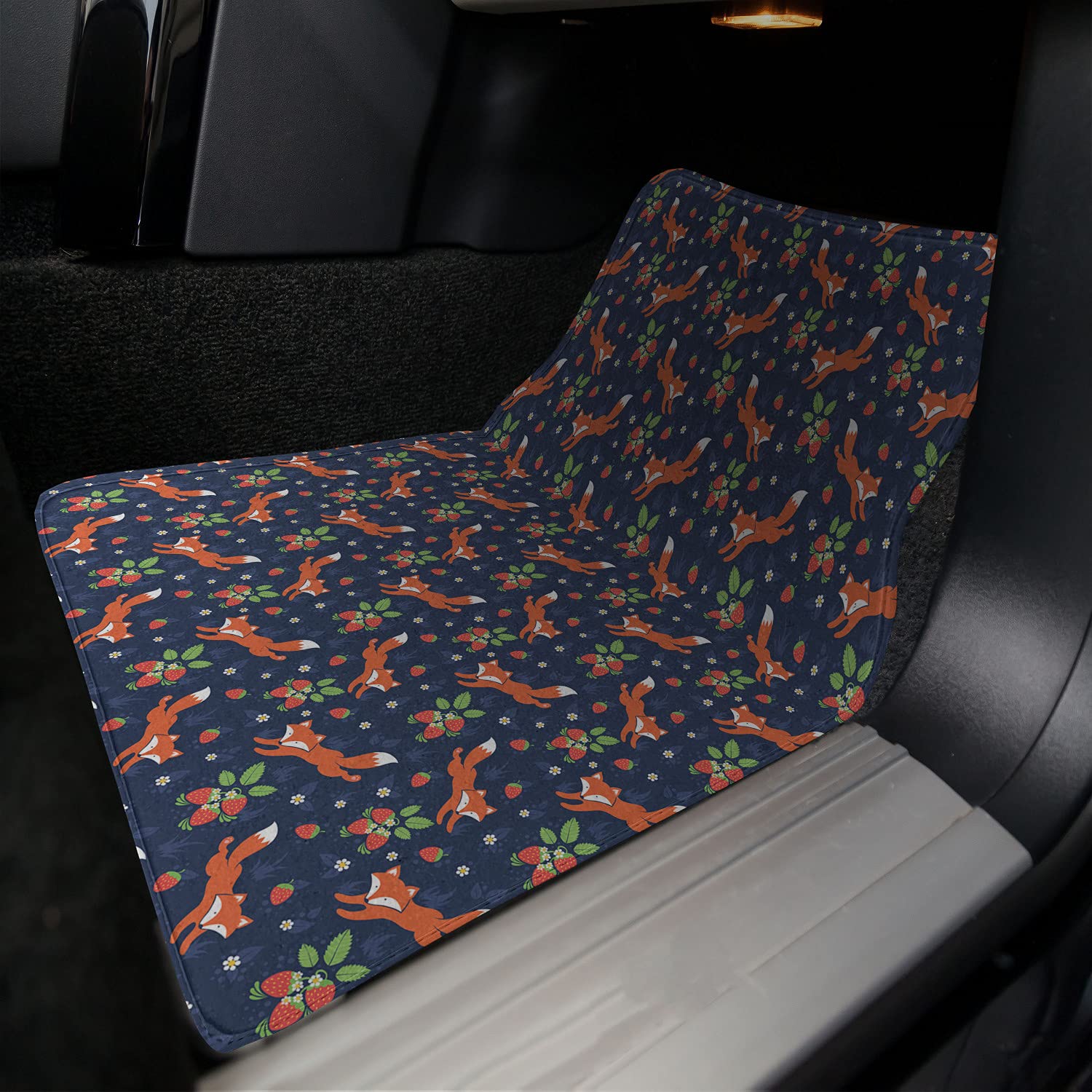 Ambesonne Fox Car Mats Set of 4 - Cartoon Animal & Floral Strawberry Print Floor Mats with Non-Slip PVC Backing | Durable Front & Back Seat Car Accessories | Perfect for SUVs, Sedans & Family Vehicles