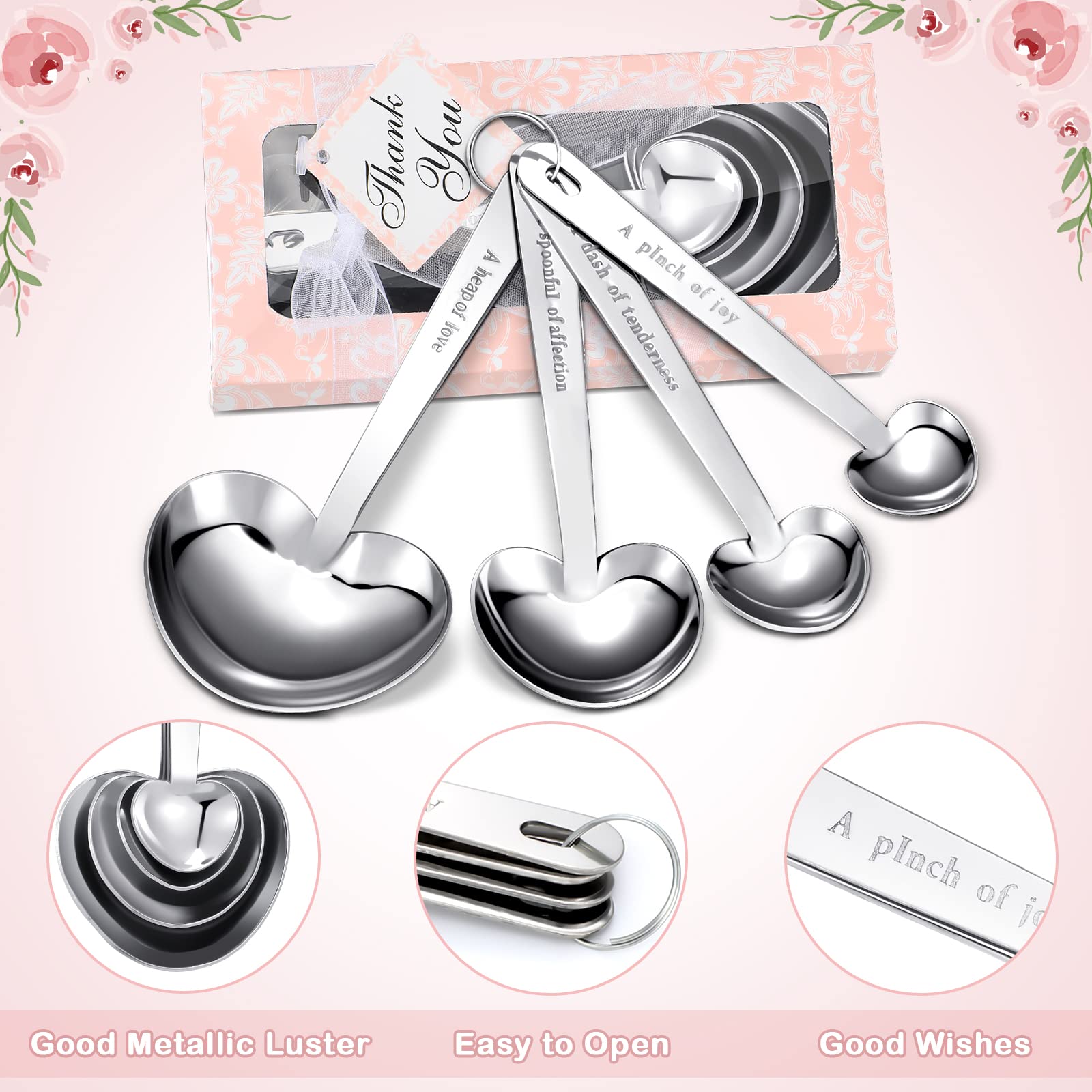 50 Pcs Heart Shaped Stainless Steel Measuring Spoons Set - Perfect for Baking, Cooking & Measuring - Ideal as Bridal Shower Favors, Wedding Party Gifts, Baby Shower Souvenirs & Birthday Presents - Individually Packed (Pink)