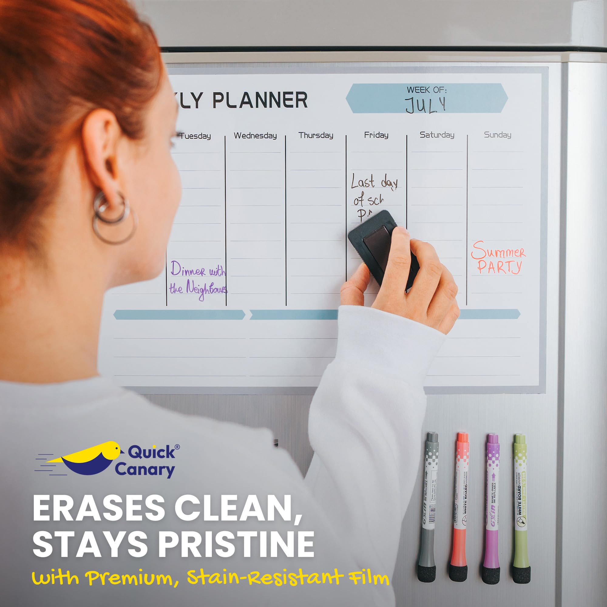 Quick Canary Magnetic Weekly Planner for Fridge - 17x12 Inch Dry Erase Board Calendar for 2025 Schedules, Meal Planning & Household Chores - Includes 4 Markers & Eraser - Perfect for Kitchen Organization & Family Scheduling