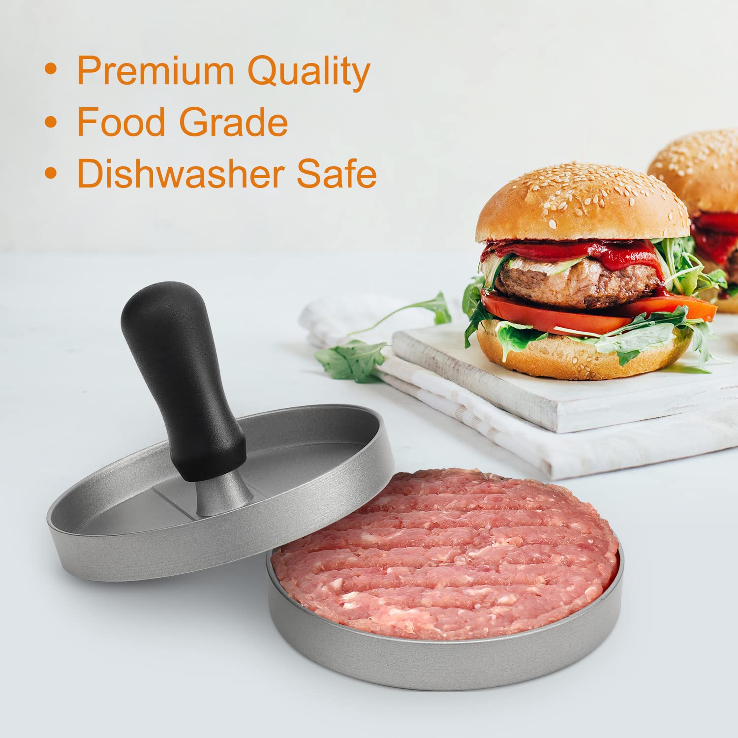TACGEA Non-Stick Hamburger Patty Maker - Includes 150 Wax Patty Papers - Aluminum Burger Press for BBQ, Grilling & Kitchen Use - Perfect for Backyard Cookouts, Camping & Home Cooking