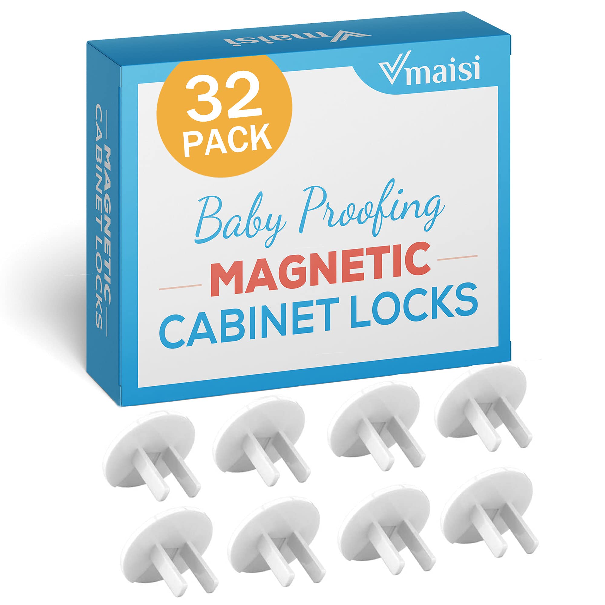 32 Locks Magnetic Cabinet Locks with 4 Magnet Keys - 38 Pack Outlet Covers - 70 Piece Child Safety Kit for Baby Proofing Home, Kitchen & Nursery (Childproofing Essentials for Toddlers & Kids)
