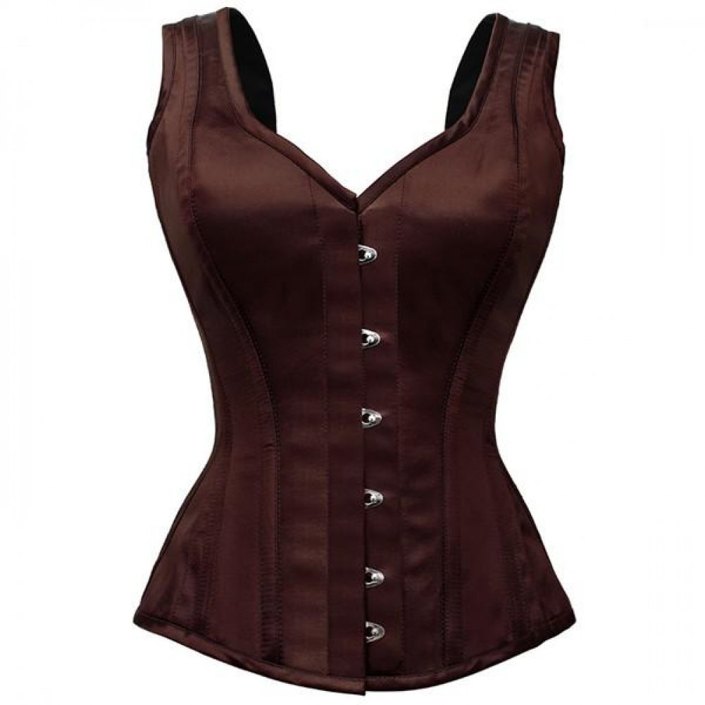 Plus Size Corset Brown Satin Overbust with Adjustable Shoulder Straps - Waist Cincher Bustier for Women | Perfect for Shapewear, Burlesque, Cosplay & Special Occasions