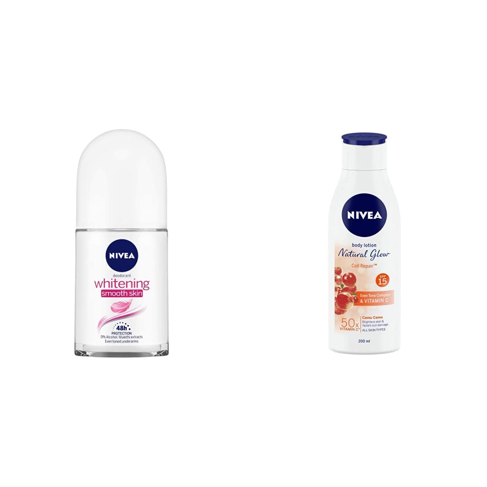Nivea Women's Fresh Scent Roll-On Deodorant 50ml & Extra Whitening Body Lotion 200ml - Pack of 1 for Smooth, Bright Skin | Daily Hygiene & Skincare Routine for Freshness & Confidence