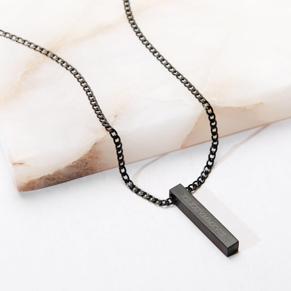 EVE'S ADDICTION Engraved Roman Numeral Date Men's Black Vertical Square Pendant Necklace - Personalized Pillar Pendant for Graduation, Father's Day & Special Occasions - Perfect Gift for Him, Boyfriend or Husband - Birthday, Anniversary & Christmas Present Idea