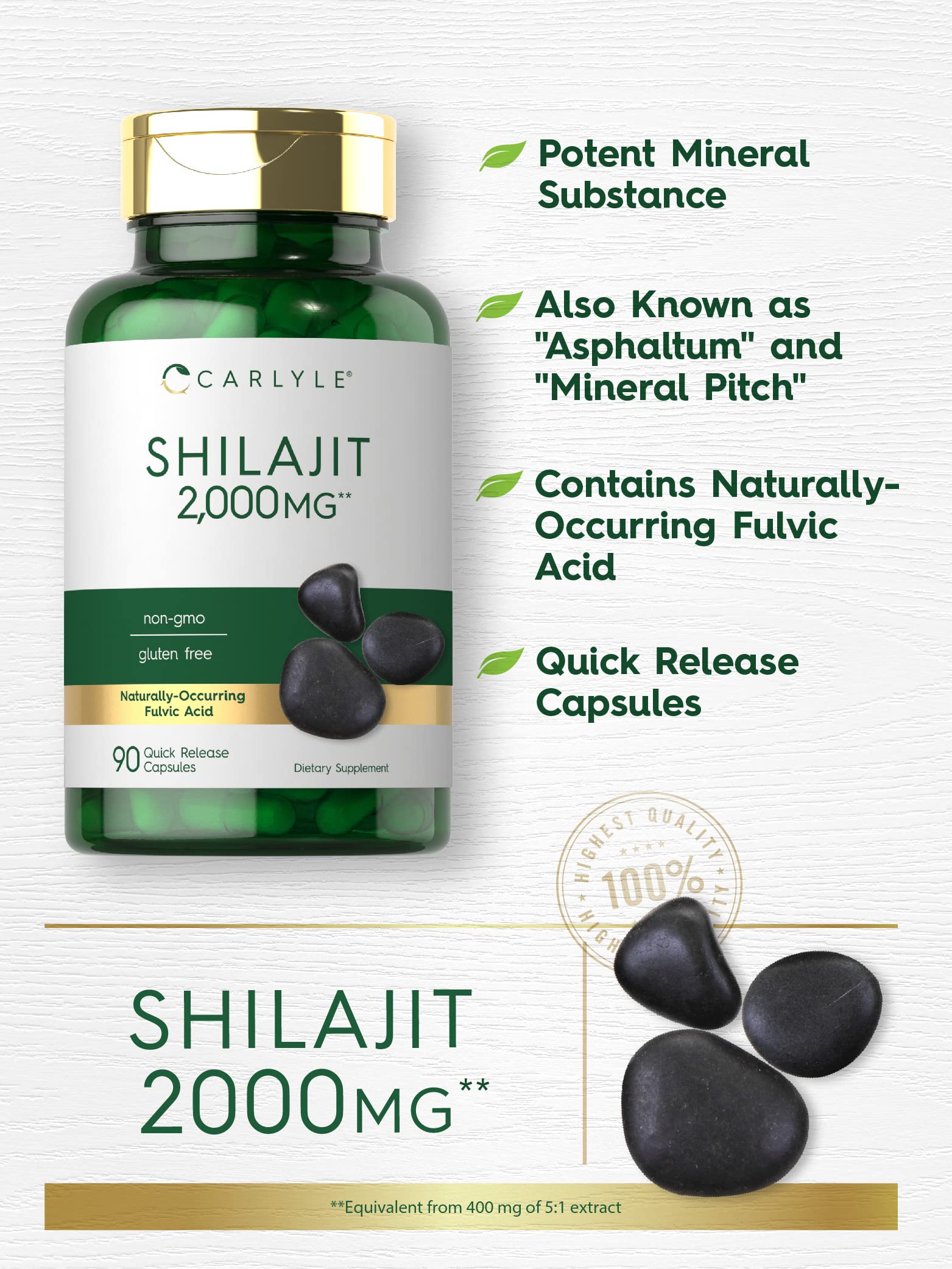 Carlyle Shilajit Capsules 2000mg - 90 Count | Natural Energy & Immune Support Supplement | Non-GMO, Gluten Free | Boost Stamina & Vitality for Workouts & Daily Life