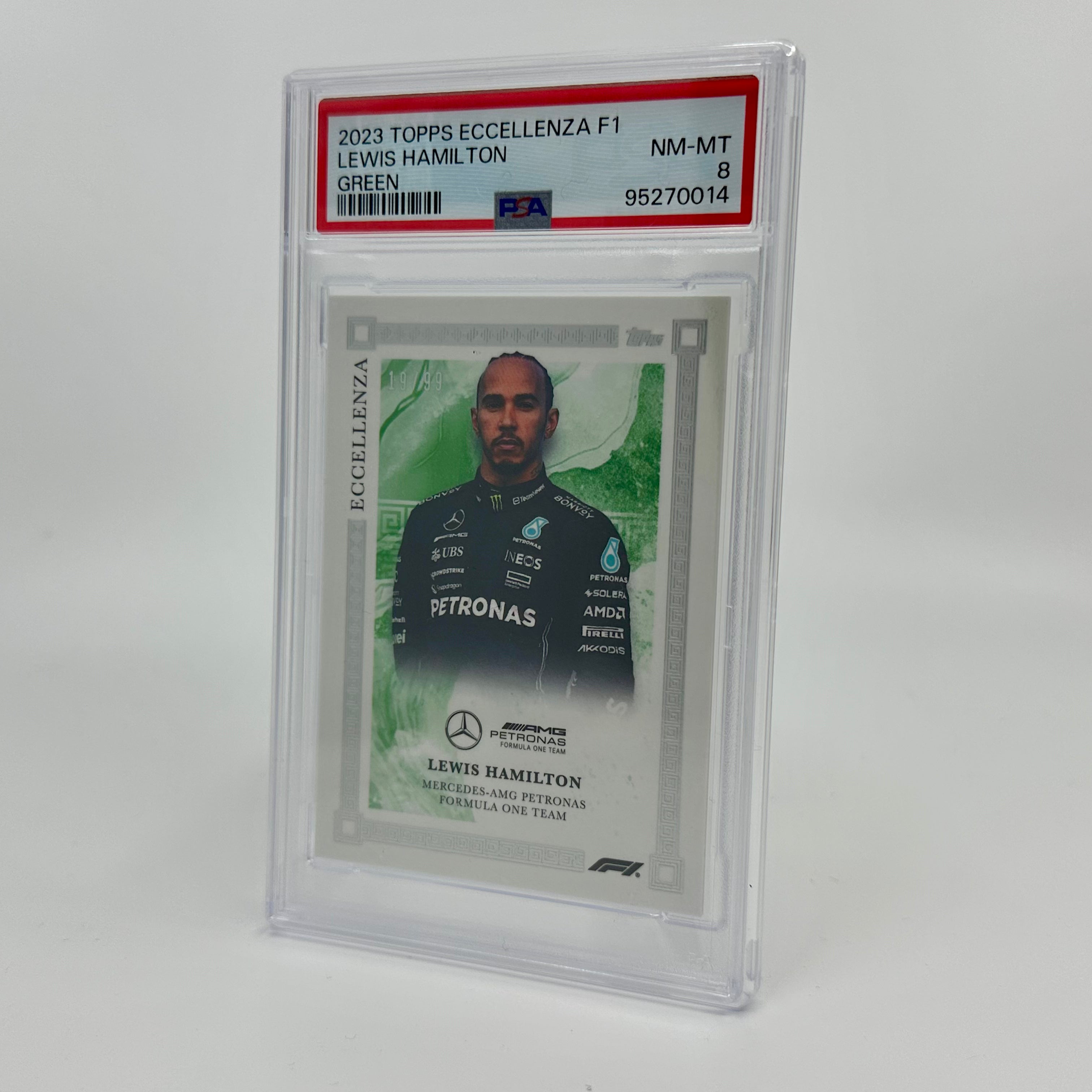 PSA 8 Graded 19/99 Lewis Hamilton Green 2023 Eccellenza Trading Card - Rare Collectible for F1 Fans & Sports Memorabilia Enthusiasts