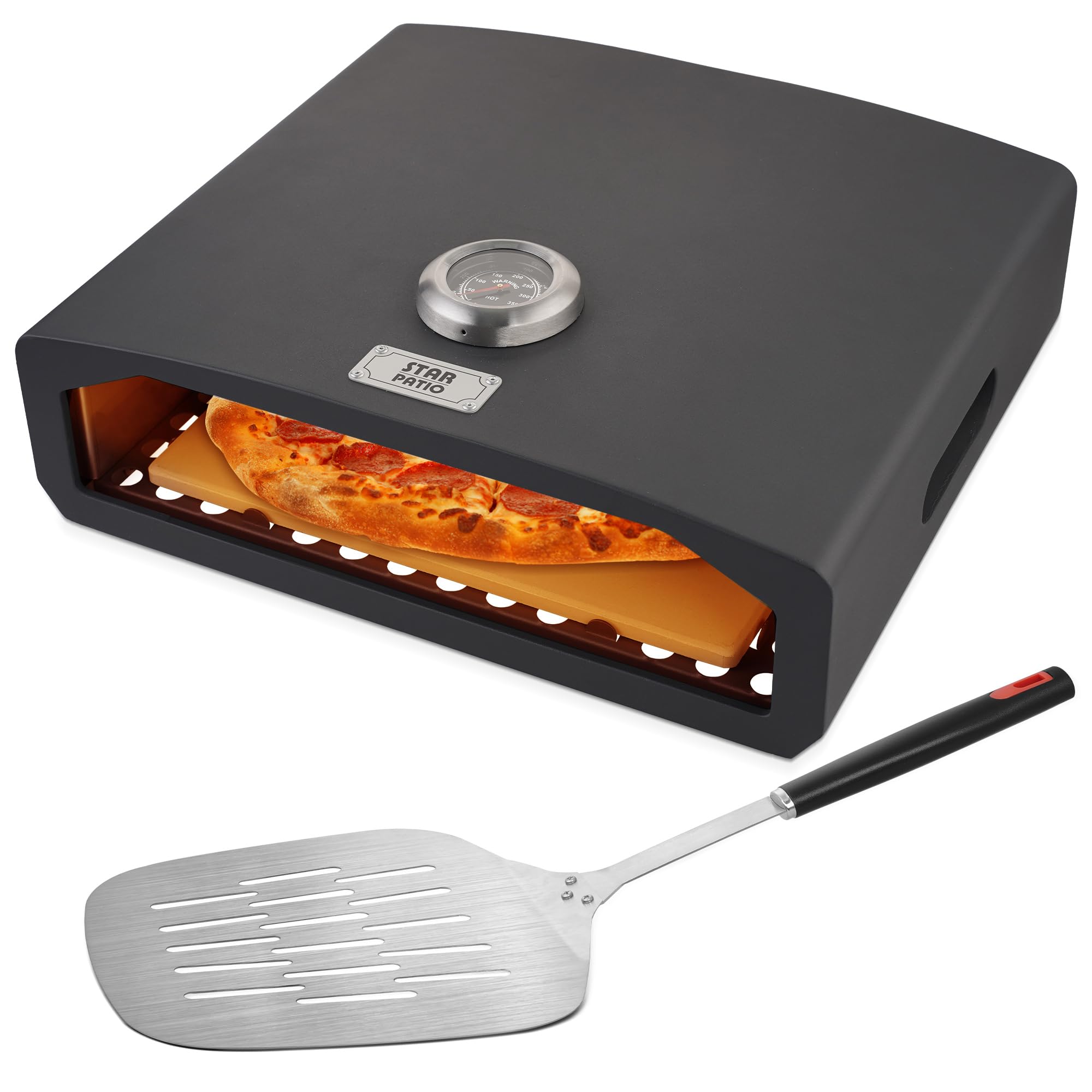 Portable Outdoor Pizza Oven for Grill - Stainless Steel Pizza Maker with Pizza Stone, Peel & Thermometer - Perfect for Backyard, Camping, Tailgating & Patio Parties (PZB-002)