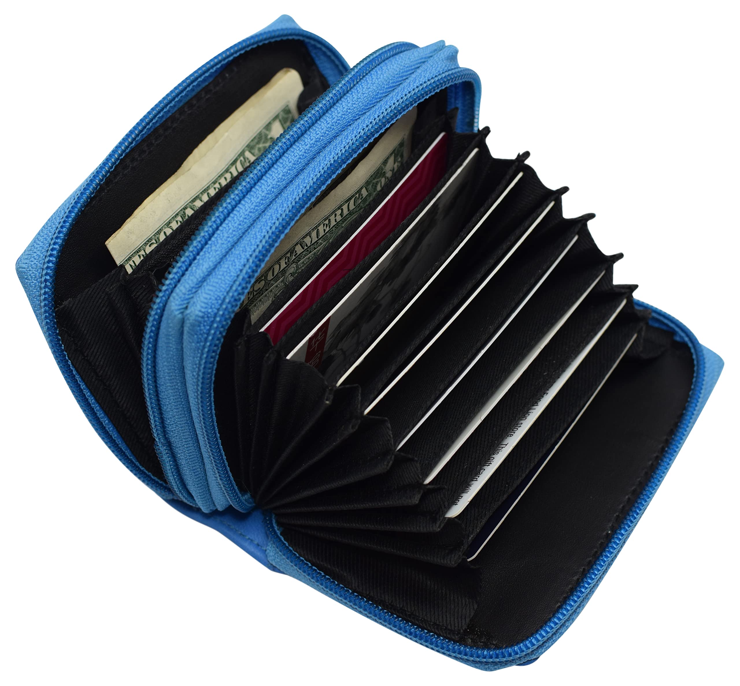 MARSHAL Genuine Leather RFID Blocking Wallet for Men - Double Zipper Accordion Design (Baby Blue) | Slim Bifold Credit Card Holder for Travel & Everyday Use