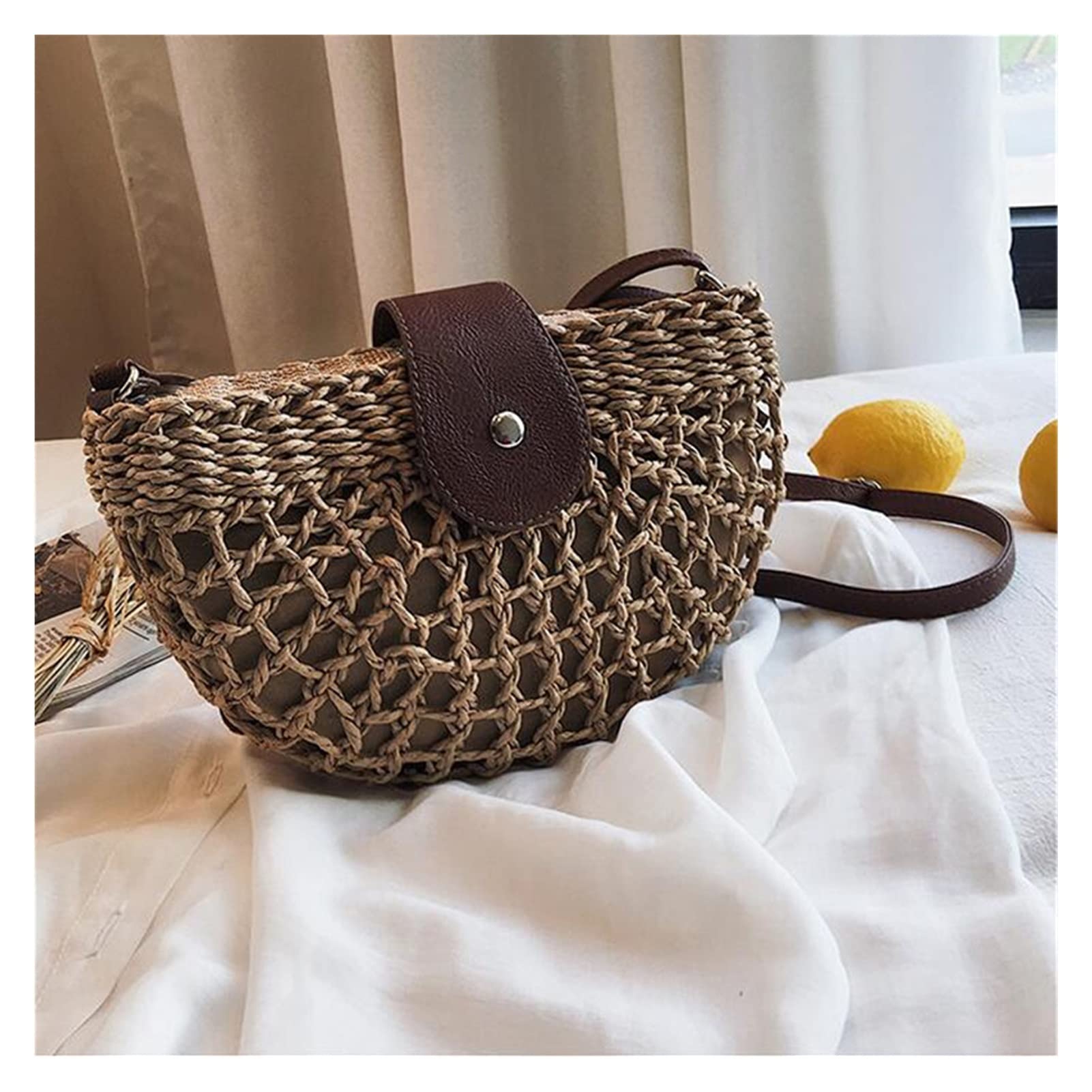 Handmade Rattan Crossbody Bag for Women - Boho Straw Shoulder Purse - Woven Saddle Clutch Handbag (11x25cm, Beige) | Perfect for Beach, Vacation & Summer Outfits