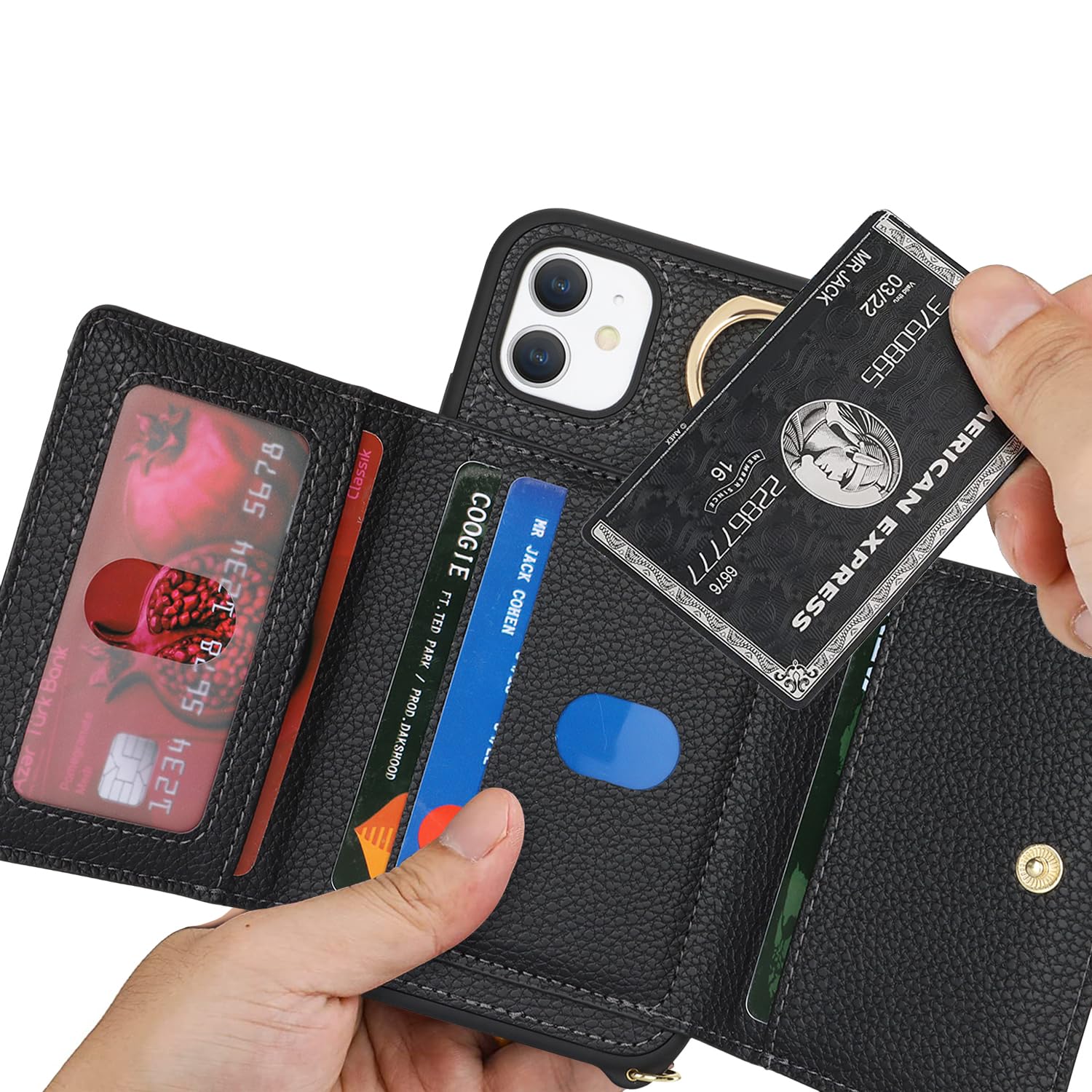 Premium Leather iPhone 11 Case with Card Holder & Crossbody Strap - Wallet Phone Case with Zipper Pocket, Stand Ring & Lanyard for Women (Black) | Perfect for Travel, Shopping & Everyday Protection